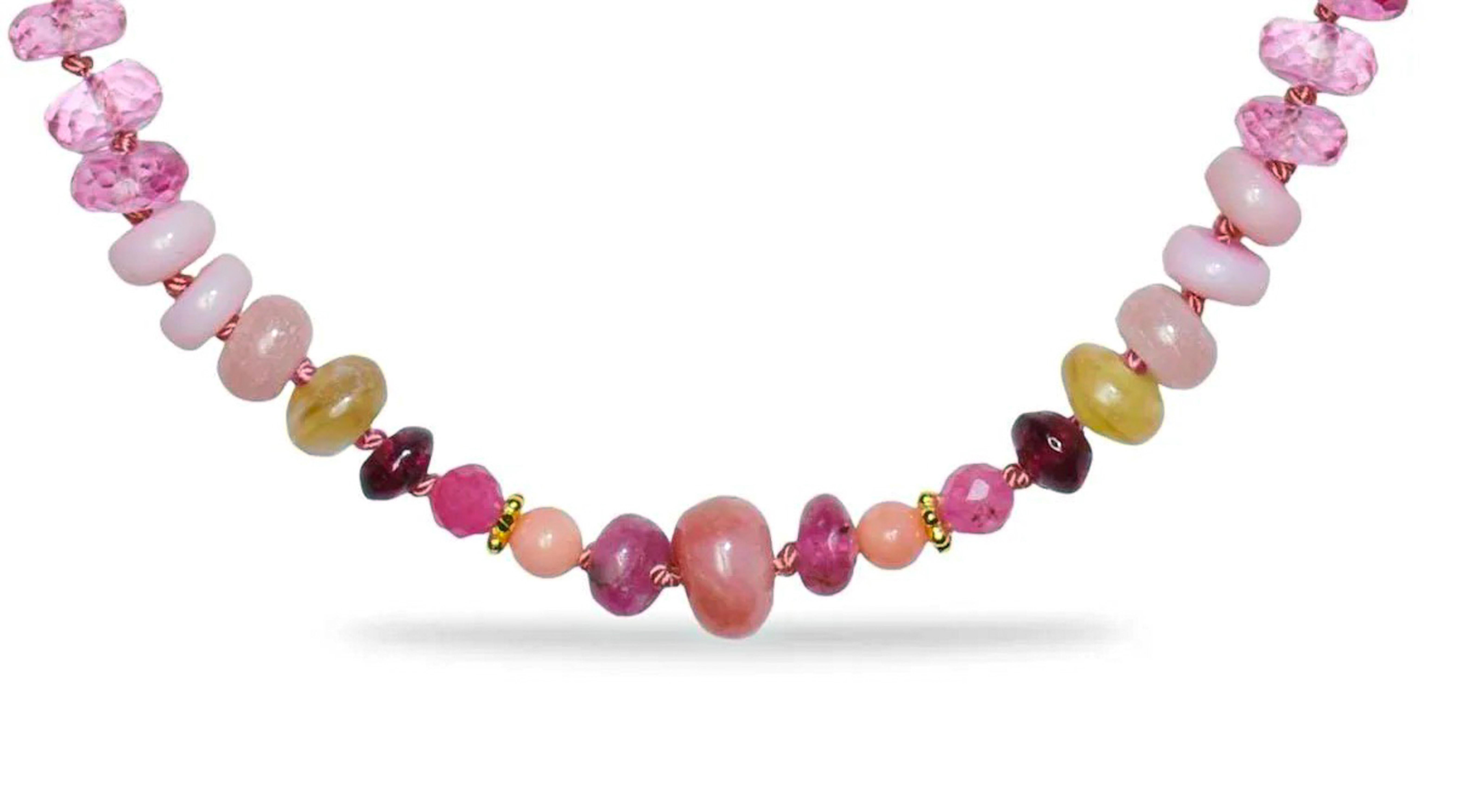 Women's or Men's Genuine 110 Carat Pink Sapphire and Australian Opal Beaded Yellow Gold Necklace For Sale