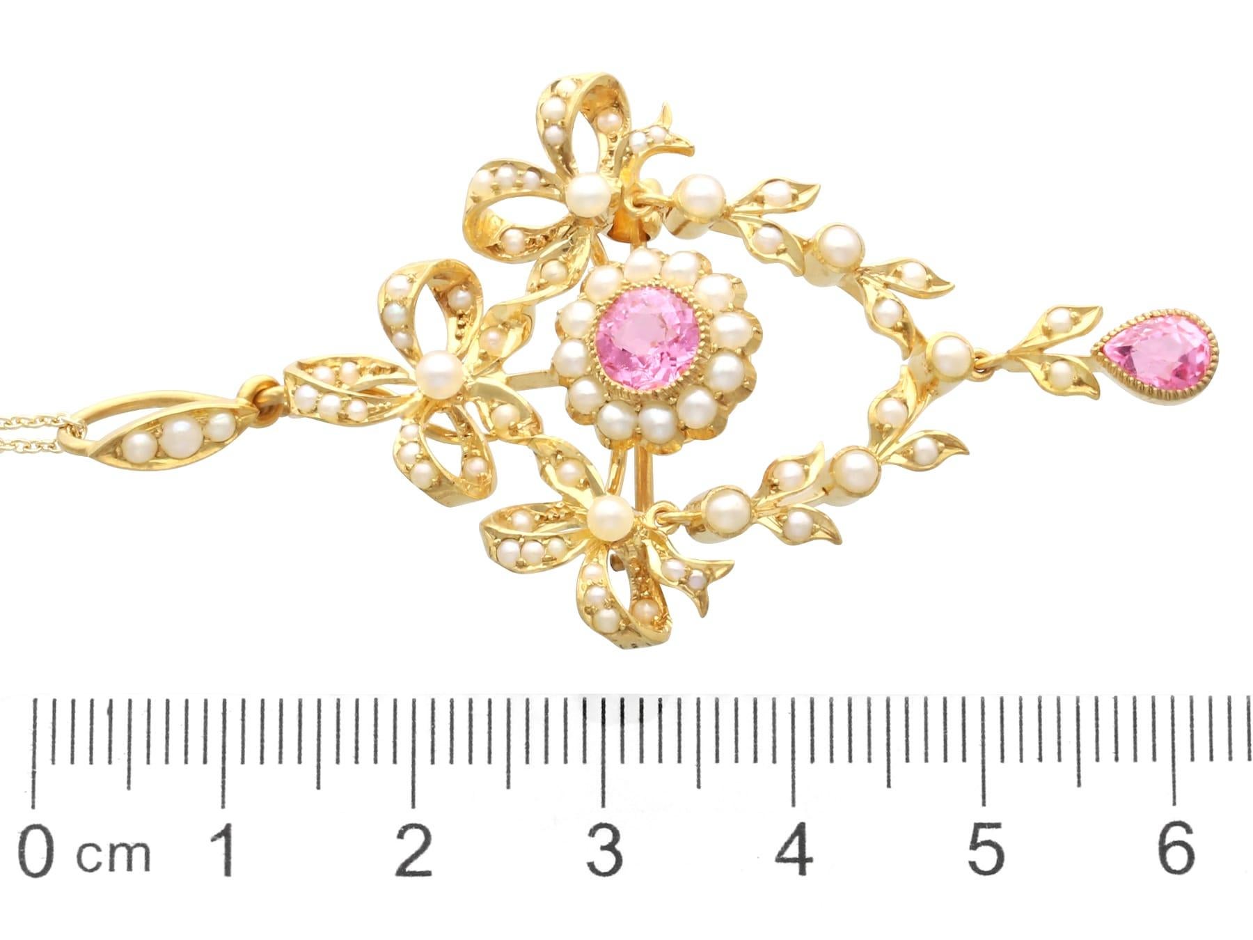 1.10 Carat Pink Tourmaline and Seed Pearl 15k Yellow Gold Pendant / Brooch For Sale 6