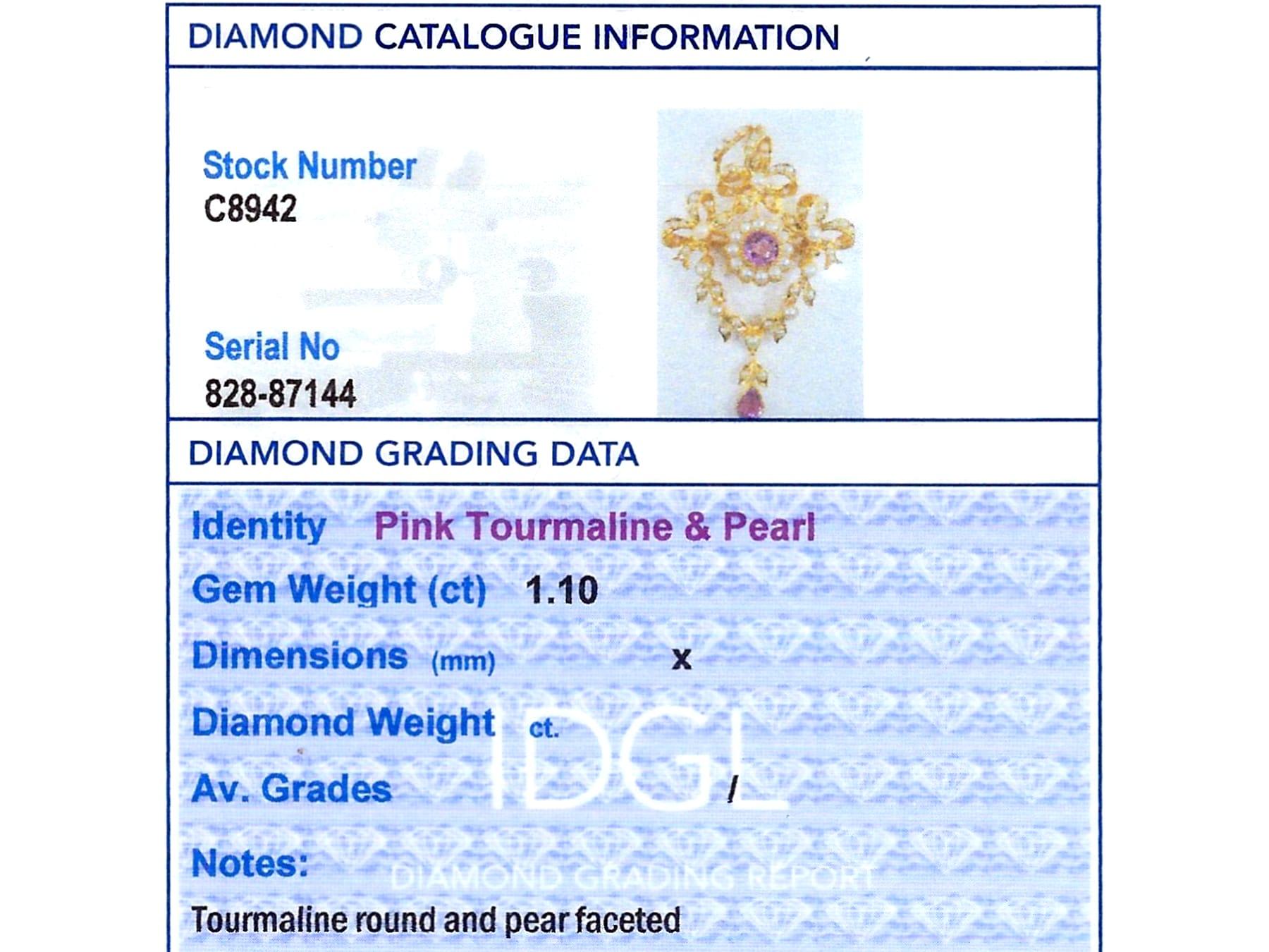 1.10 Carat Pink Tourmaline and Seed Pearl 15k Yellow Gold Pendant / Brooch For Sale 7