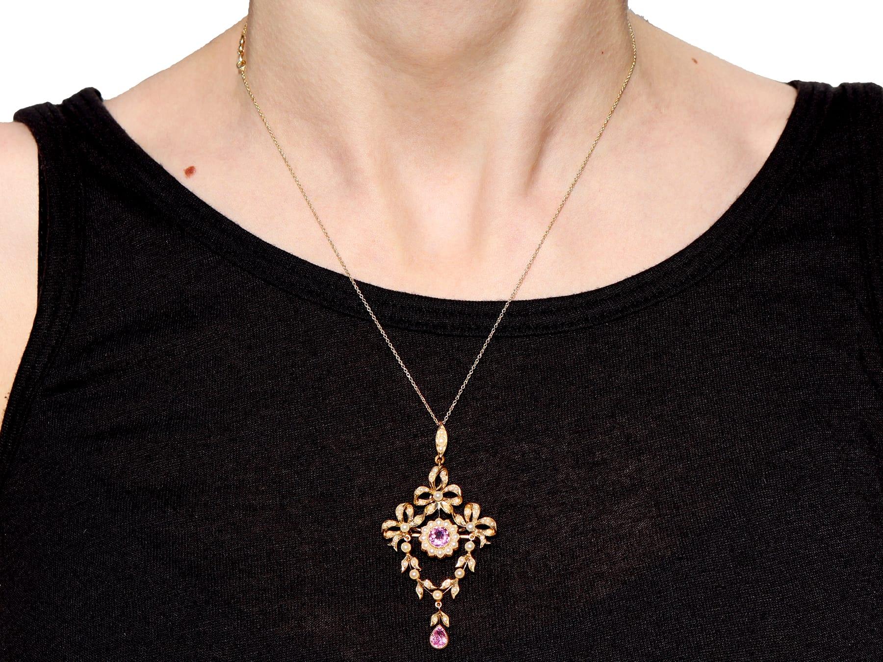 1.10 Carat Pink Tourmaline and Seed Pearl 15k Yellow Gold Pendant / Brooch For Sale 12