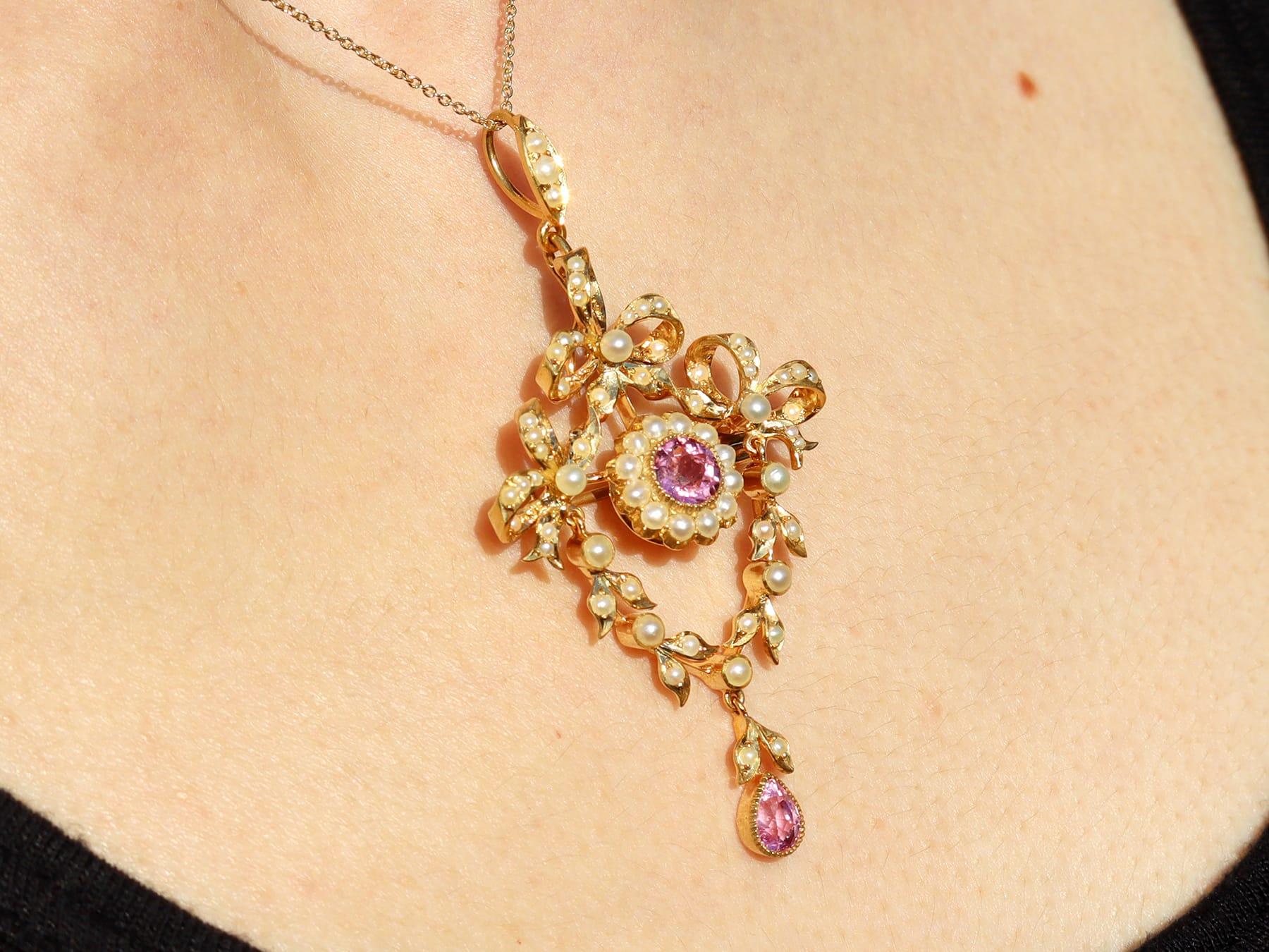 1.10 Carat Pink Tourmaline and Seed Pearl 15k Yellow Gold Pendant / Brooch For Sale 13