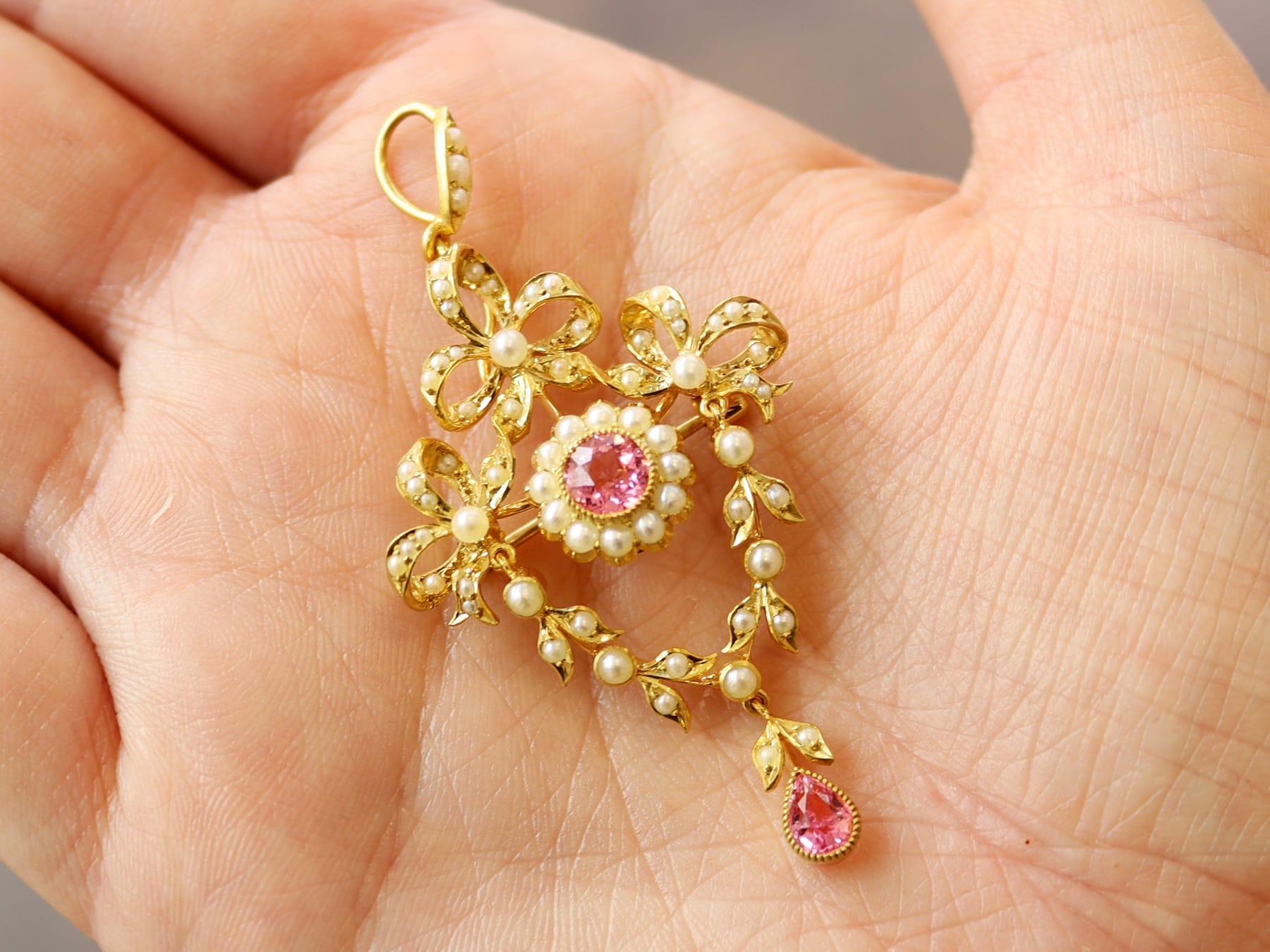 Round Cut 1.10 Carat Pink Tourmaline and Seed Pearl 15k Yellow Gold Pendant / Brooch For Sale