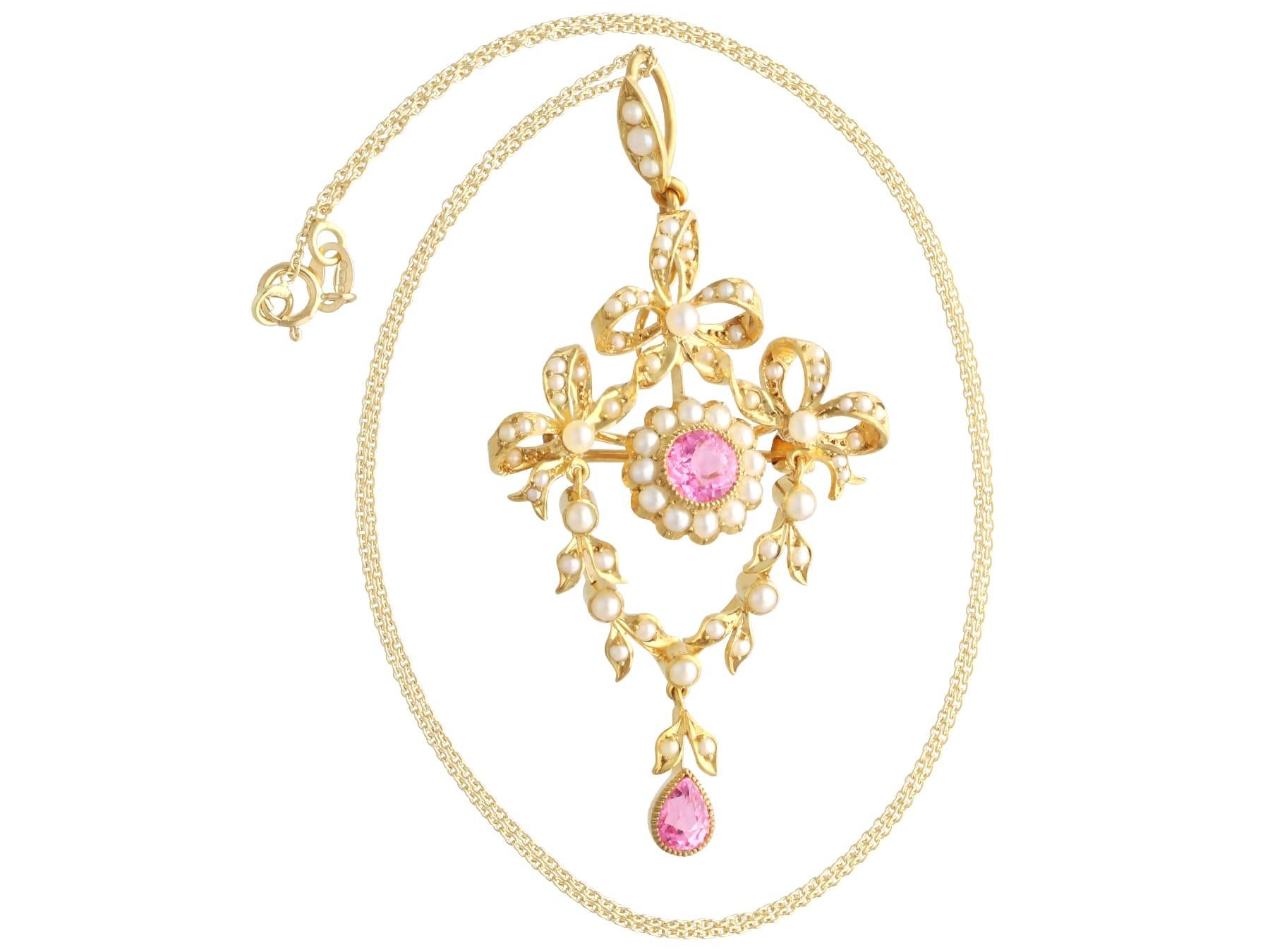 Women's or Men's 1.10 Carat Pink Tourmaline and Seed Pearl 15k Yellow Gold Pendant / Brooch For Sale