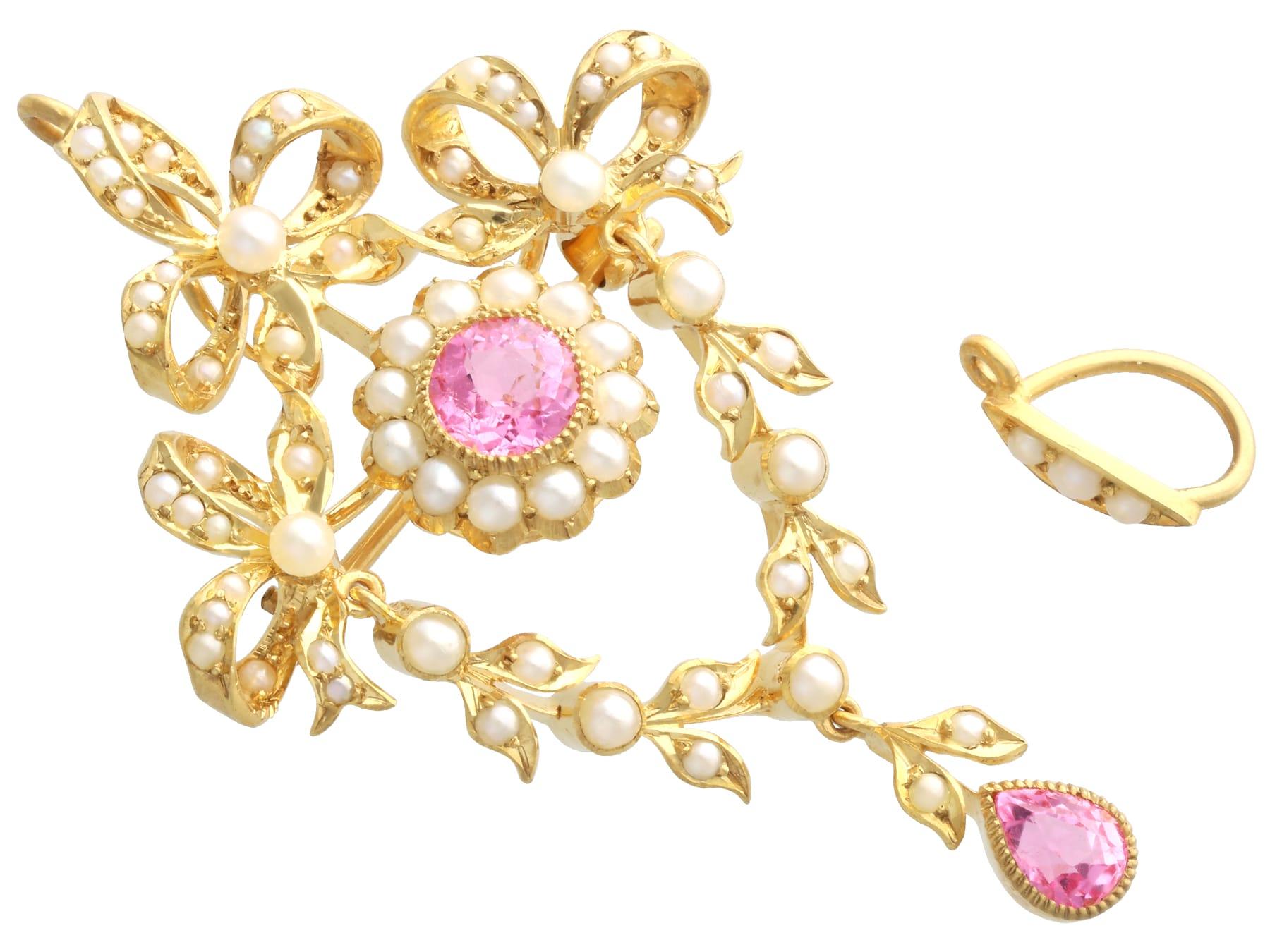 1.10 Carat Pink Tourmaline and Seed Pearl 15k Yellow Gold Pendant / Brooch For Sale 1