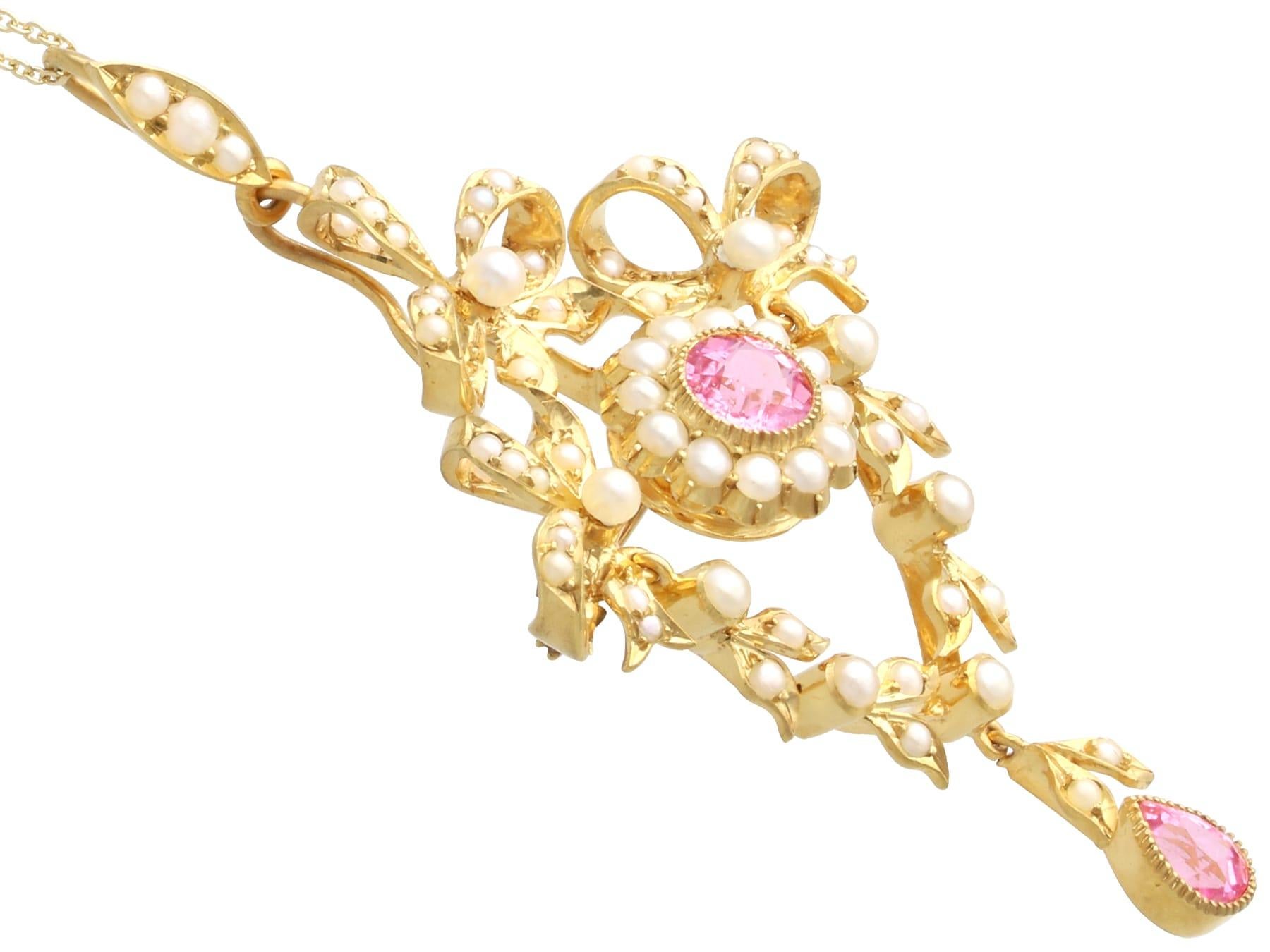 1.10 Carat Pink Tourmaline and Seed Pearl 15k Yellow Gold Pendant / Brooch For Sale 2