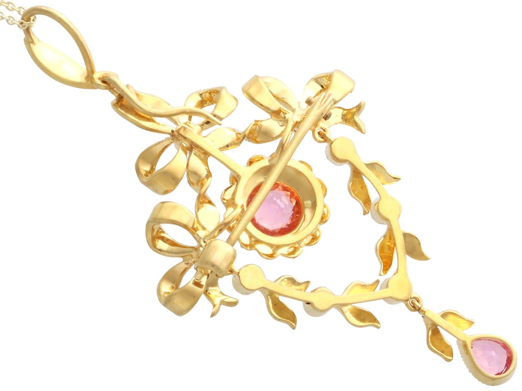 1.10 Carat Pink Tourmaline and Seed Pearl 15k Yellow Gold Pendant / Brooch For Sale 3