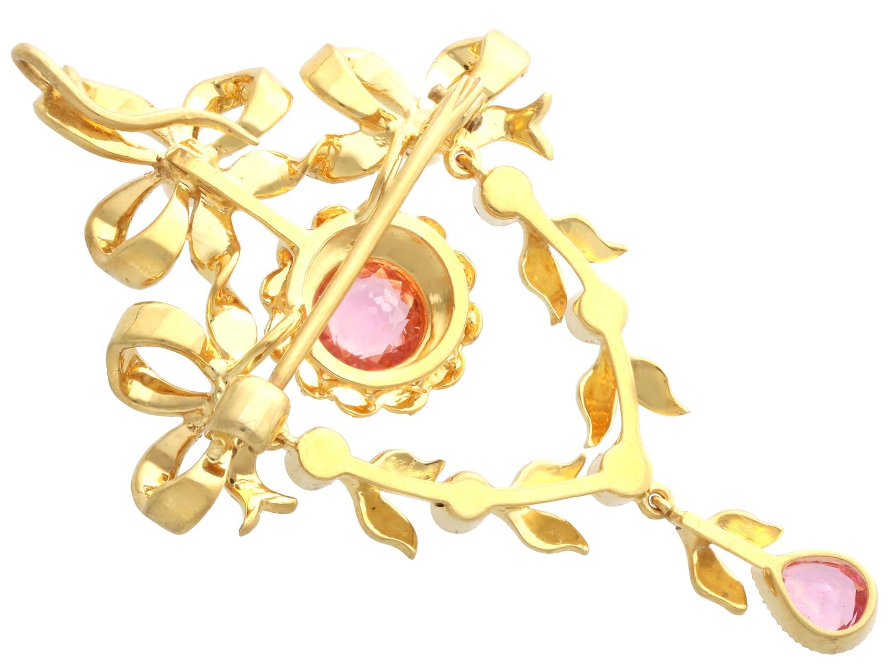 1.10 Carat Pink Tourmaline and Seed Pearl 15k Yellow Gold Pendant / Brooch For Sale 4