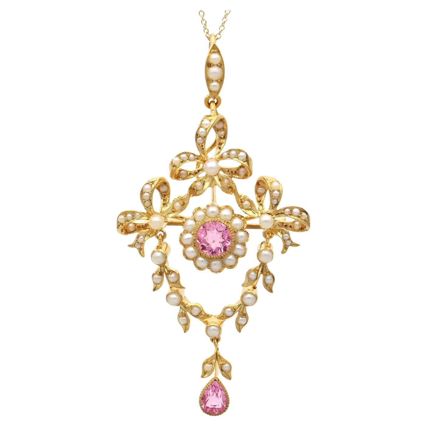 1.10 Carat Pink Tourmaline and Seed Pearl 15k Yellow Gold Pendant / Brooch