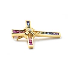 1,10 Karat Regenbogensaphir und Diamant 18 Karat Gelbgold Kreuzanhänger