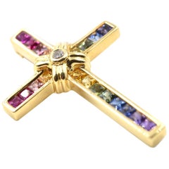 1.10 Carat Rainbow Sapphire and Diamond 18 Karat Yellow Gold Cross Pendant