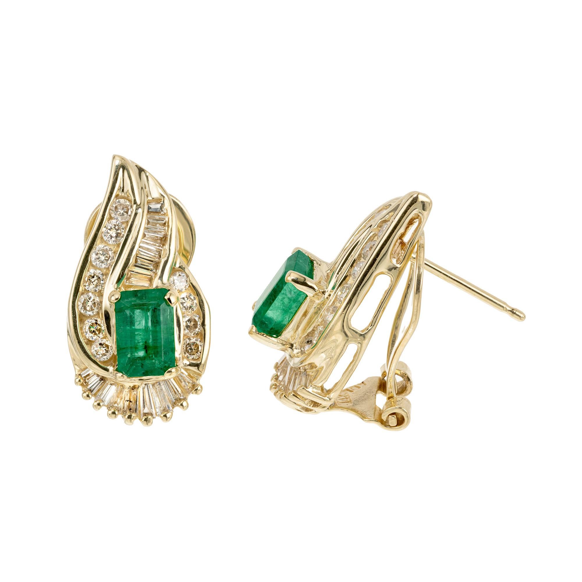 Baguette Cut 1.10 Carat Rectangle Emerald Diamond Halo Clip Post Yellow Gold Earrings For Sale