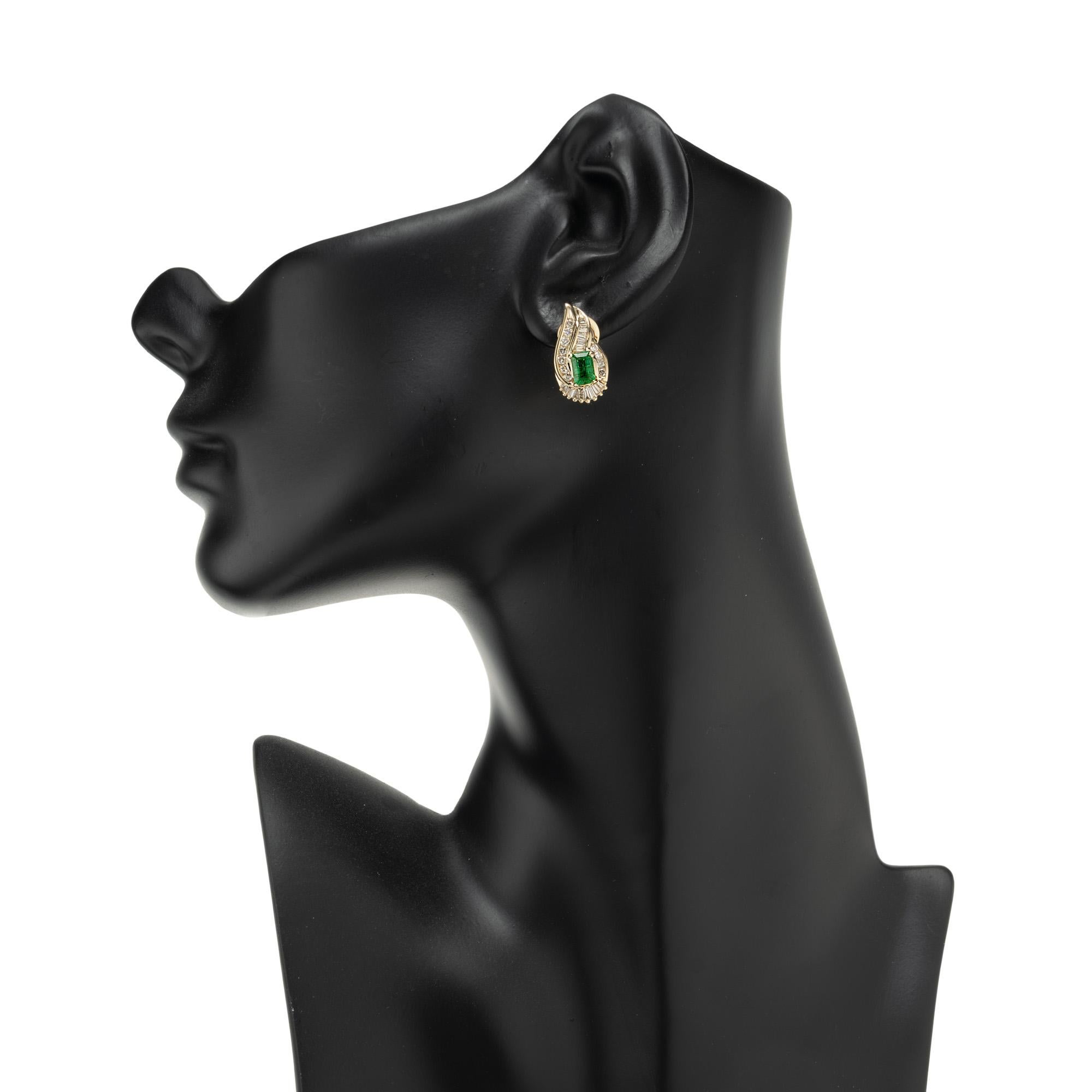 1.10 Carat Rectangle Emerald Diamond Halo Clip Post Yellow Gold Earrings For Sale 1