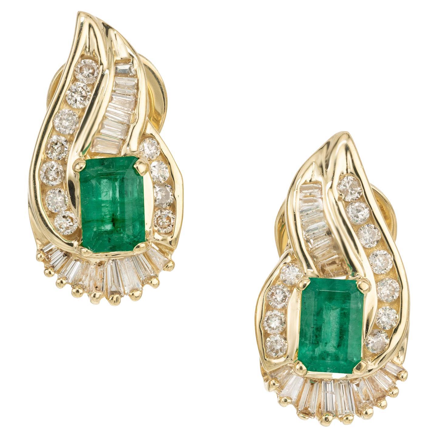 1.10 Carat Rectangle Emerald Diamond Halo Clip Post Yellow Gold Earrings For Sale