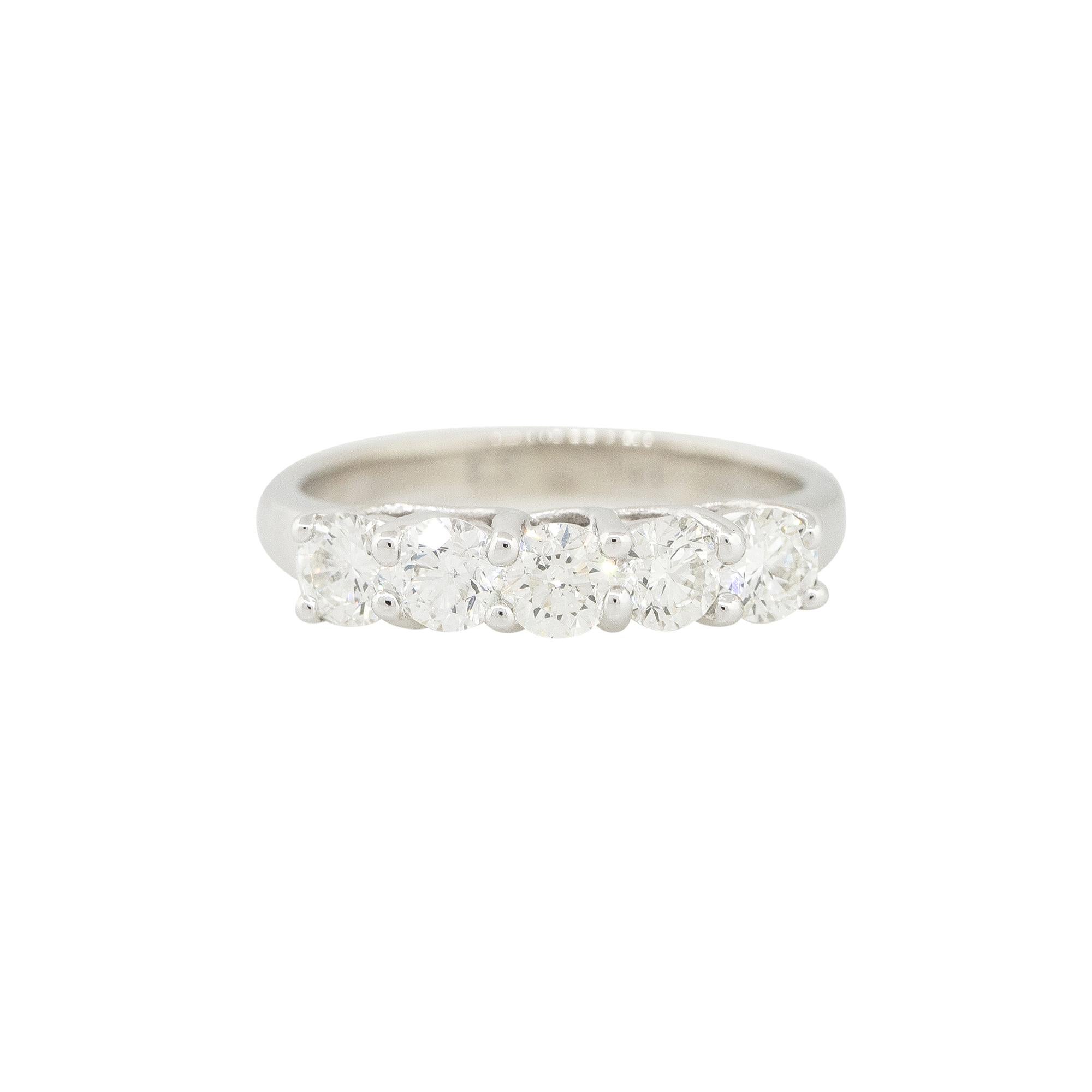 14k White Gold 1.10ctw Round Brilliant 5 Diamond Band
Material: 14k White Gold
Diamond Details: There are 5 Round Brilliant cut diamonds, weighing approximately 1.10 carats total. All diamonds are approximately H/I in color and approximately SI in