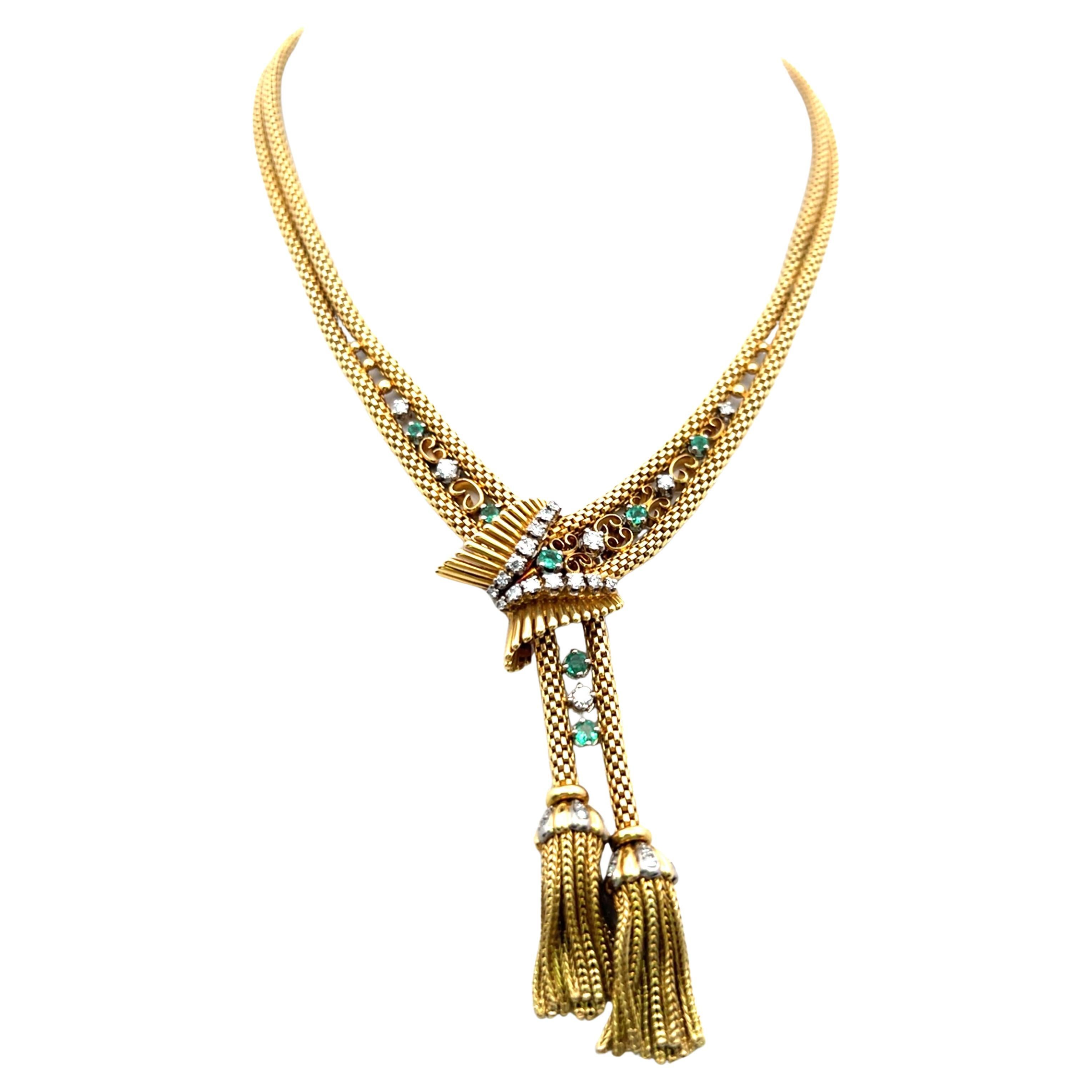 1.10 Carat Round Brilliant Diamond 0.35 Carat Emerald  18K YG Choker Necklace