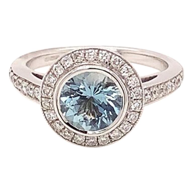 1.10 Carat Round Cut Aquamarine and Diamond Ring in 18k White Gold For Sale