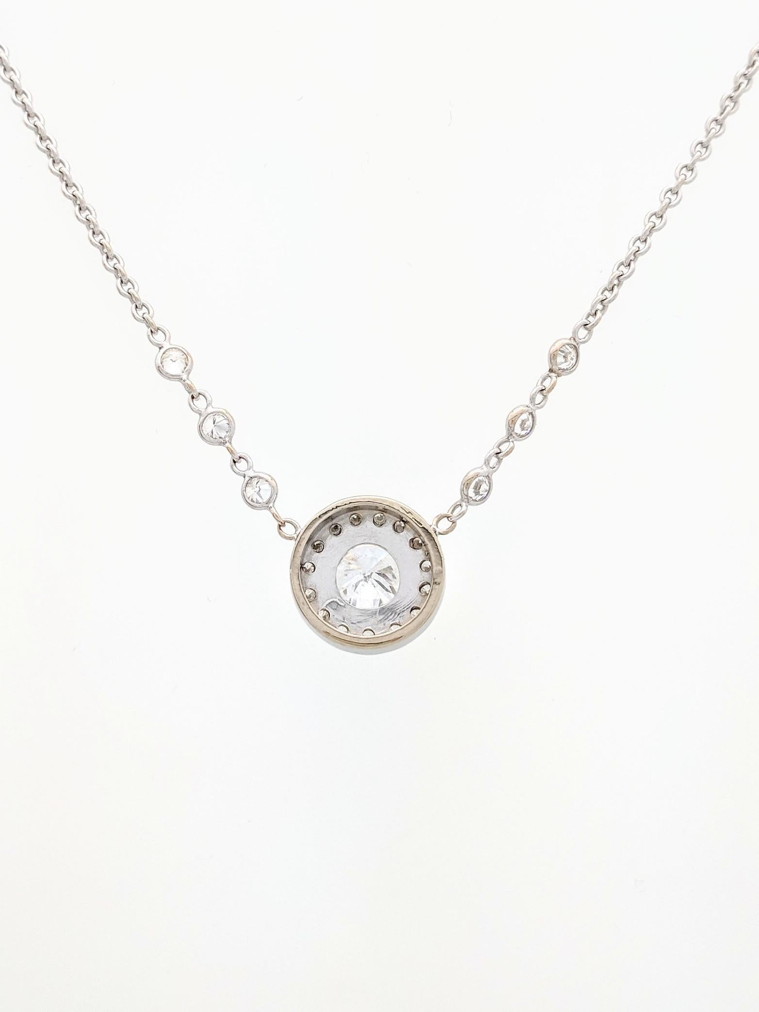 1.10 Carat Round Diamond Bezel Set in 18 Karat White Gold Halo Pendant Necklace In Excellent Condition In Gainesville, FL
