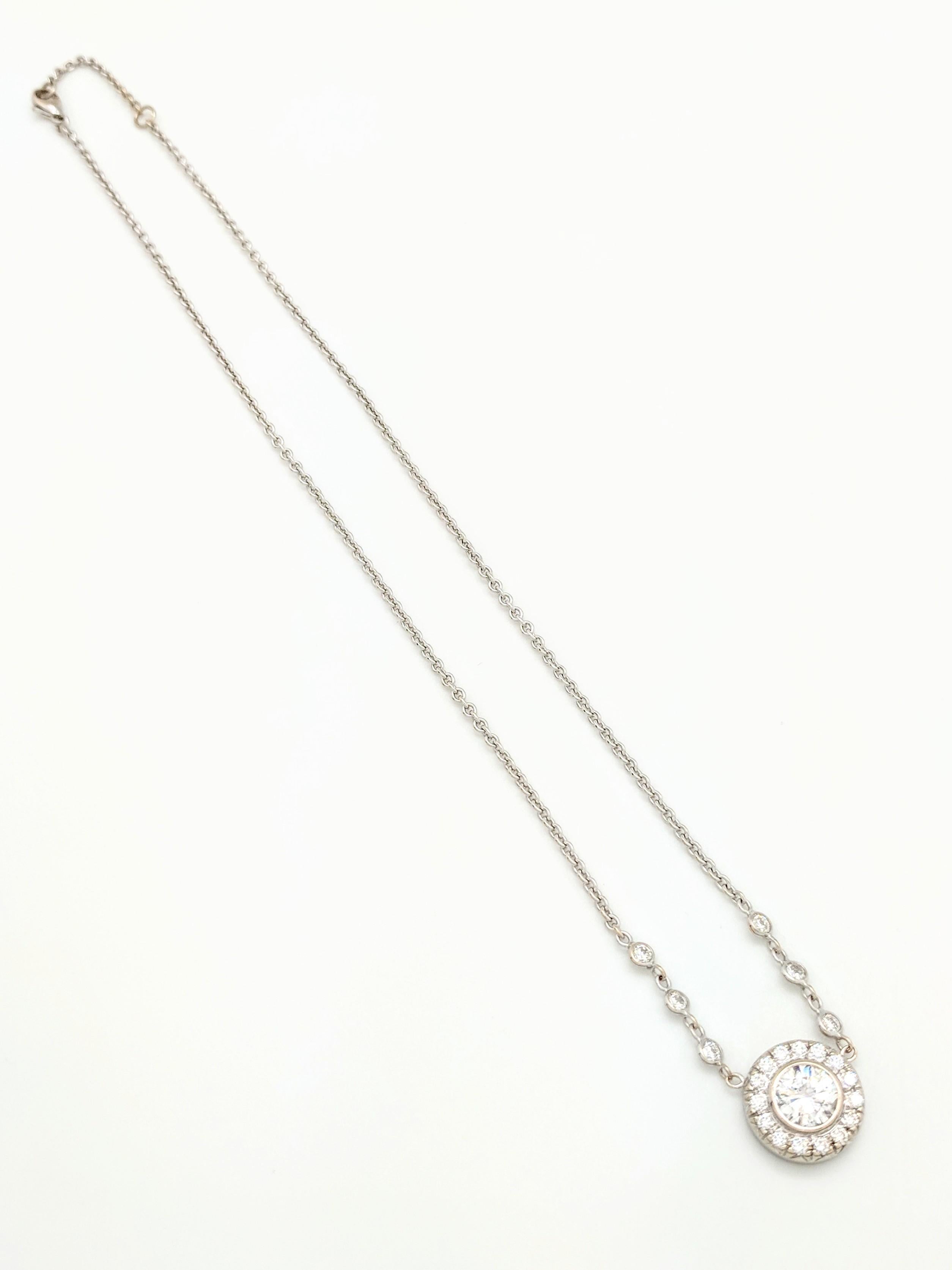 Women's or Men's 1.10 Carat Round Diamond Bezel Set in 18 Karat White Gold Halo Pendant Necklace