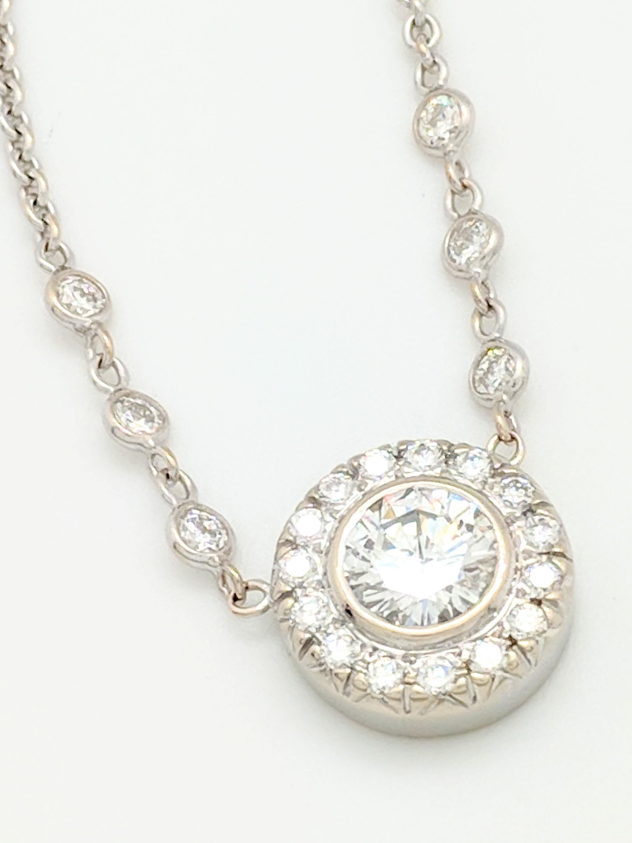 1.10 Carat Round Diamond Bezel Set in 18 Karat White Gold Halo Pendant Necklace 1