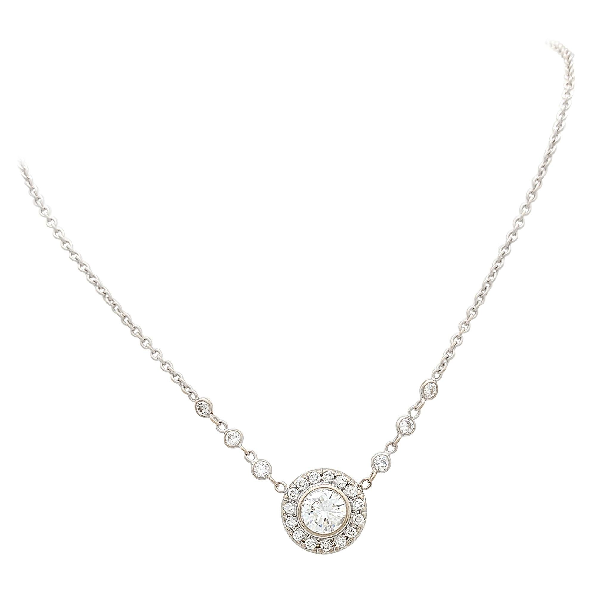 1.10 Carat Round Diamond Bezel Set in 18 Karat White Gold Halo Pendant Necklace