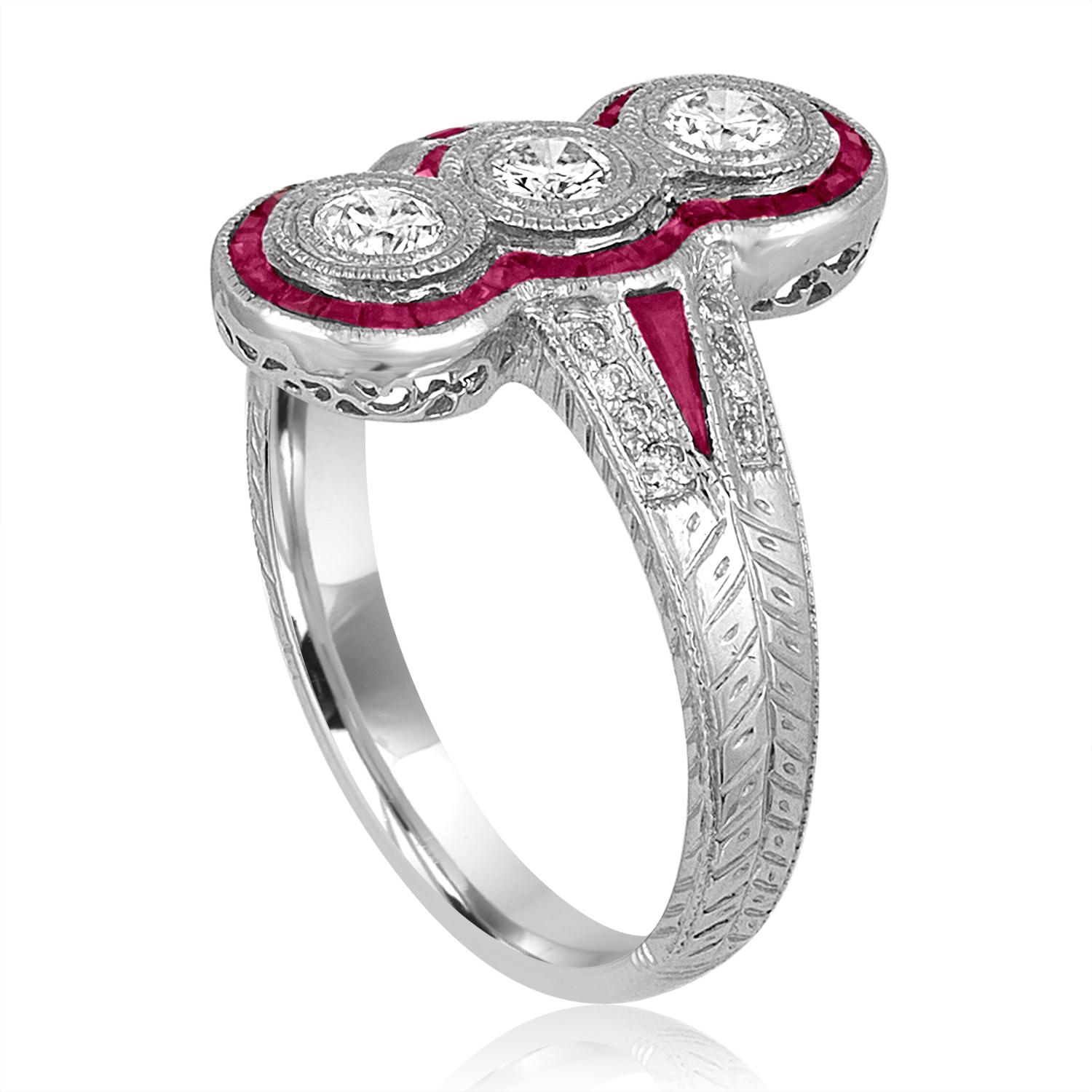Art Deco Revival Style Ring
The ring is 18K White Gold
There are 0.55 Carats in Diamonds H SI
There are 0.55 Carats in Rubies
The ring is a size 6.50, sizable
The ring weighs 4.4 grams