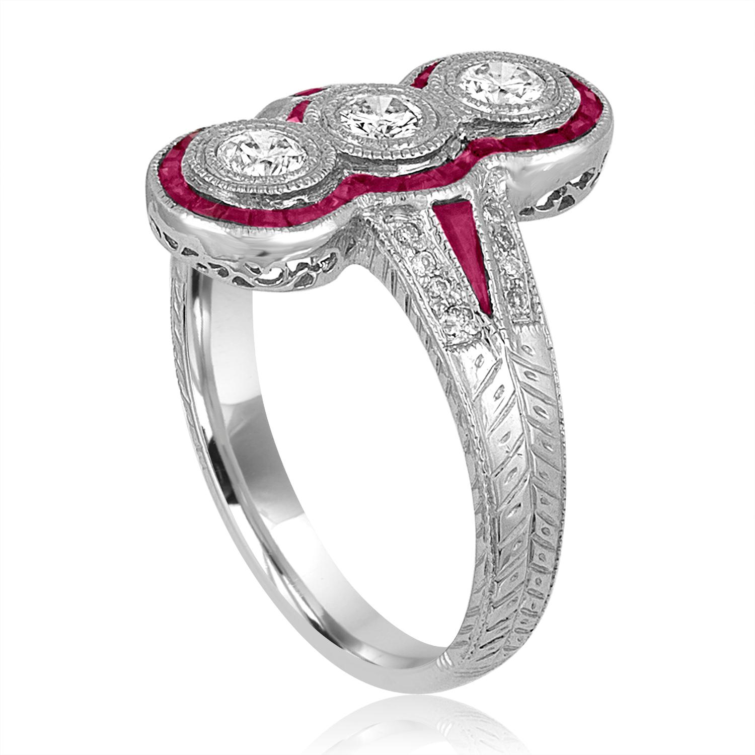 Art Deco Revival Style Ring
The ring is 18K White Gold
There are 0.55 Carats in Diamonds H SI
There are 0.55 Carats in Rubies
The ring is a size 6.50, sizable
The ring weighs 4.4 grams
We can resize free of charge, the ring becomes final sale, no