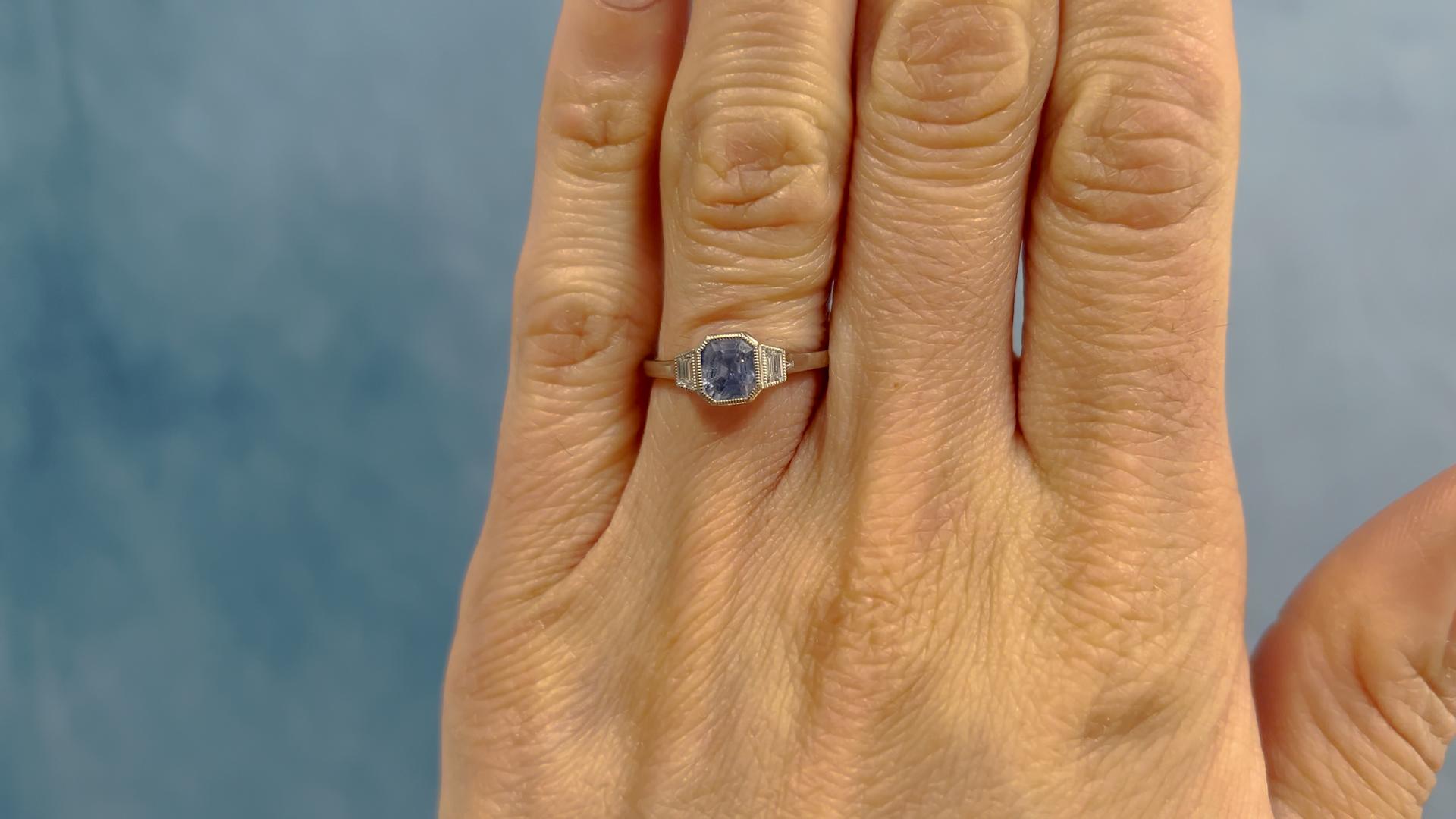 Shield Cut 1.10 Carat Sapphire and Diamond Platinum Bezel Set Three Stone Ring For Sale
