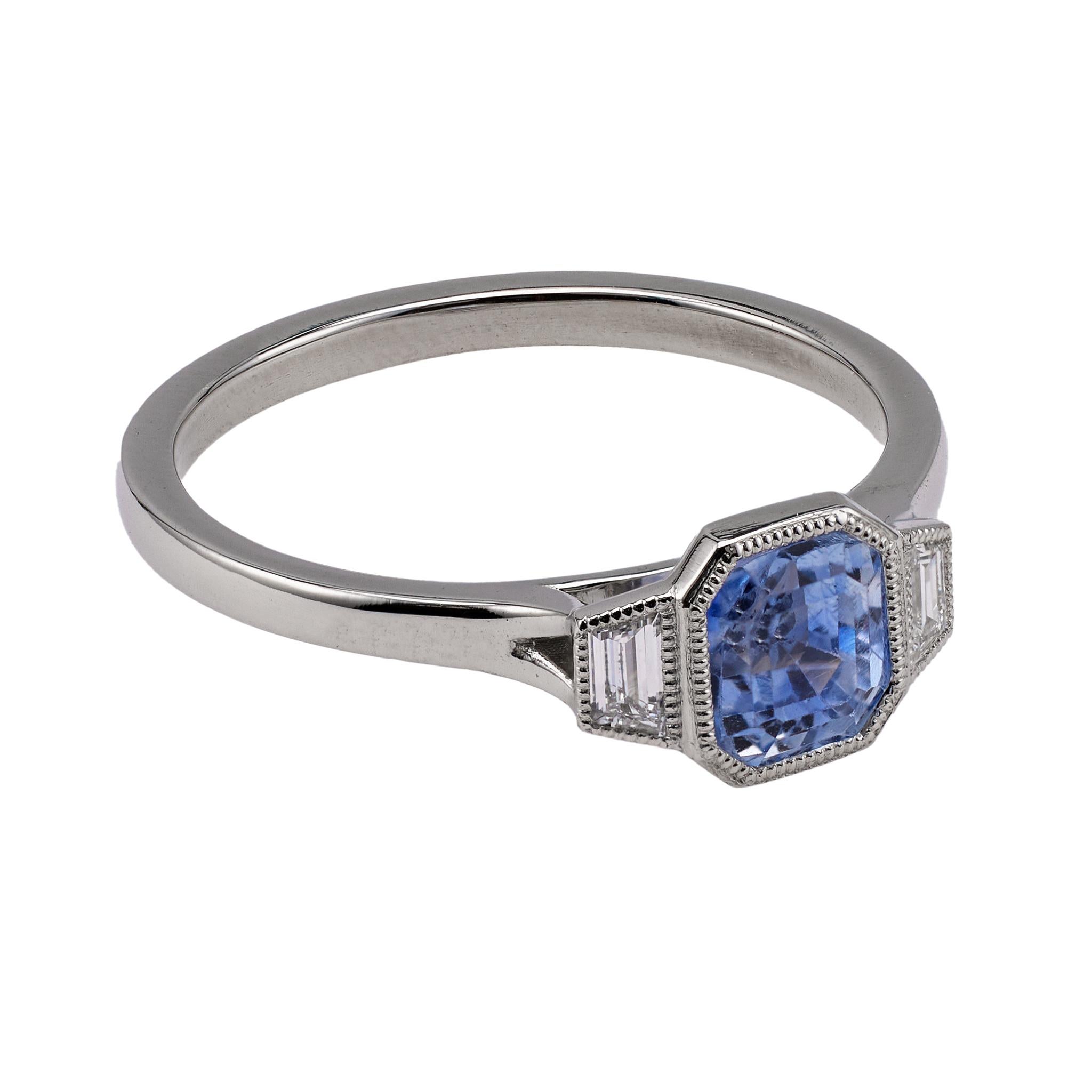 Women's or Men's 1.10 Carat Sapphire and Diamond Platinum Bezel Set Three Stone Ring For Sale