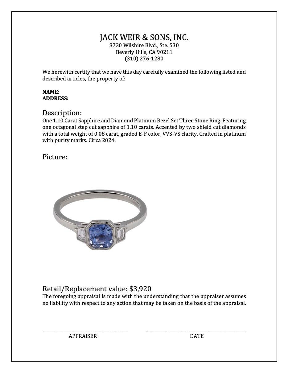 1.10 Carat Sapphire and Diamond Platinum Bezel Set Three Stone Ring For Sale 1