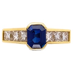 1.10 Carat Sapphire and Princess Diamond Cut Vintage Gold Band Ring Estate