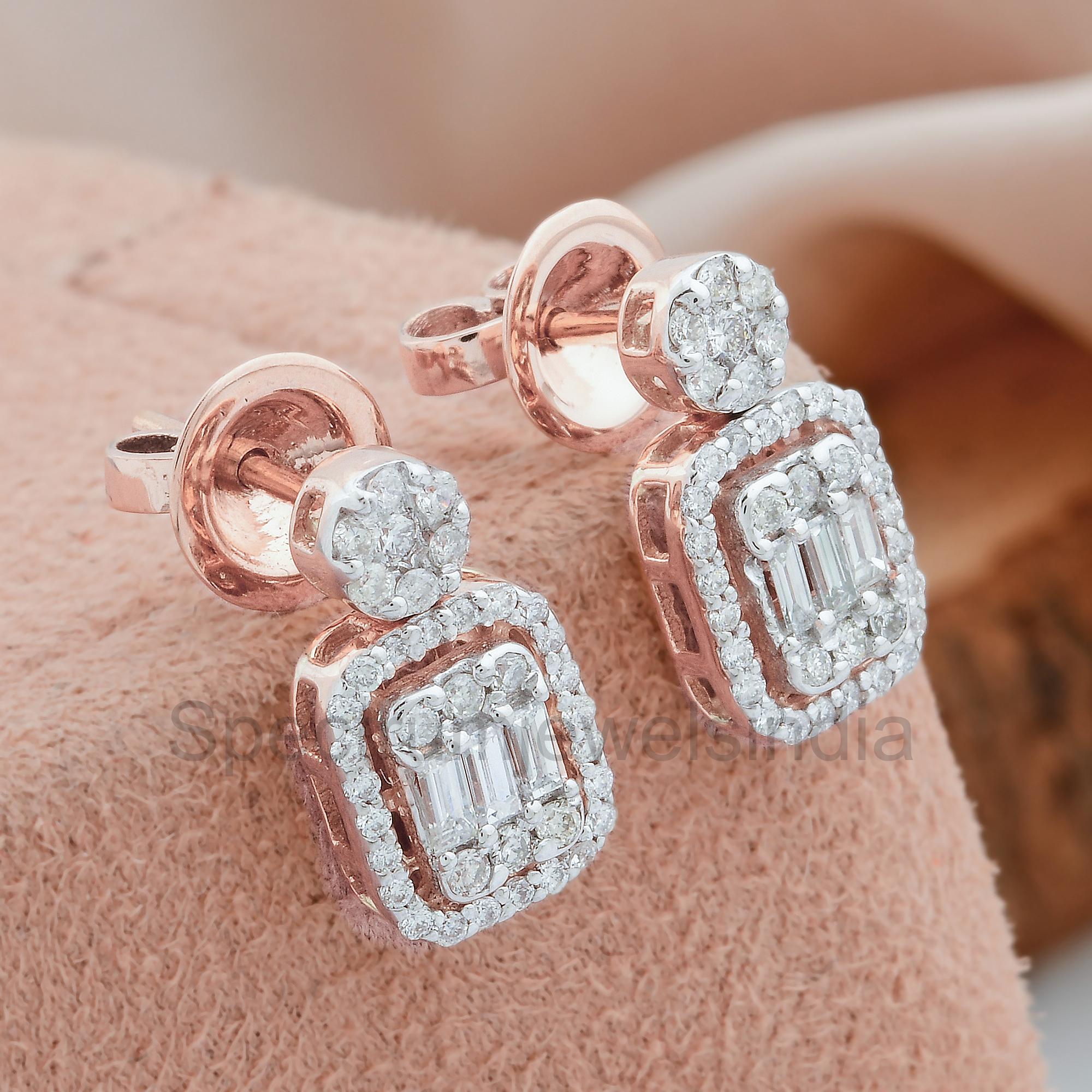 Baguette Cut 1.10 Carat SI Clarity HI Color Baguette Diamond Dangle Earrings 14k Rose Gold For Sale