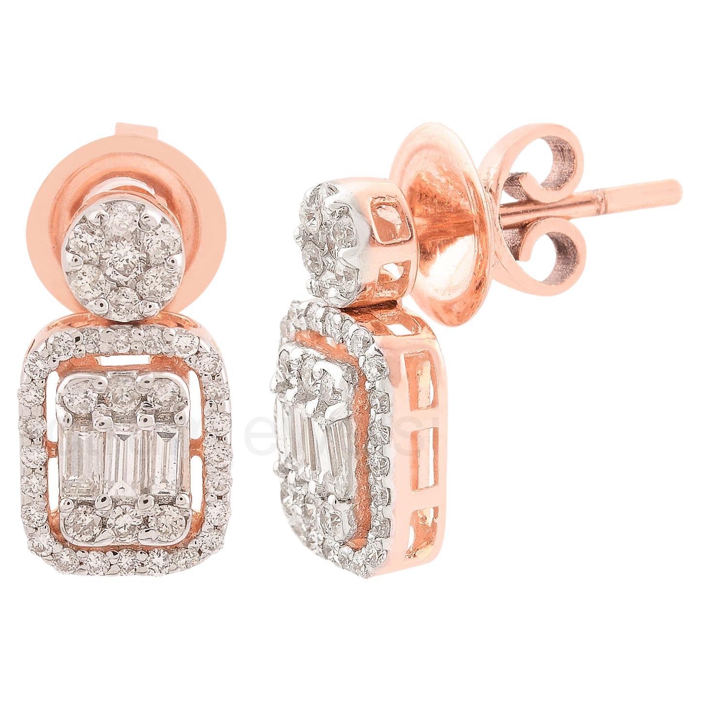 1.10 Carat SI Clarity HI Color Baguette Diamond Dangle Earrings 14k Rose Gold For Sale