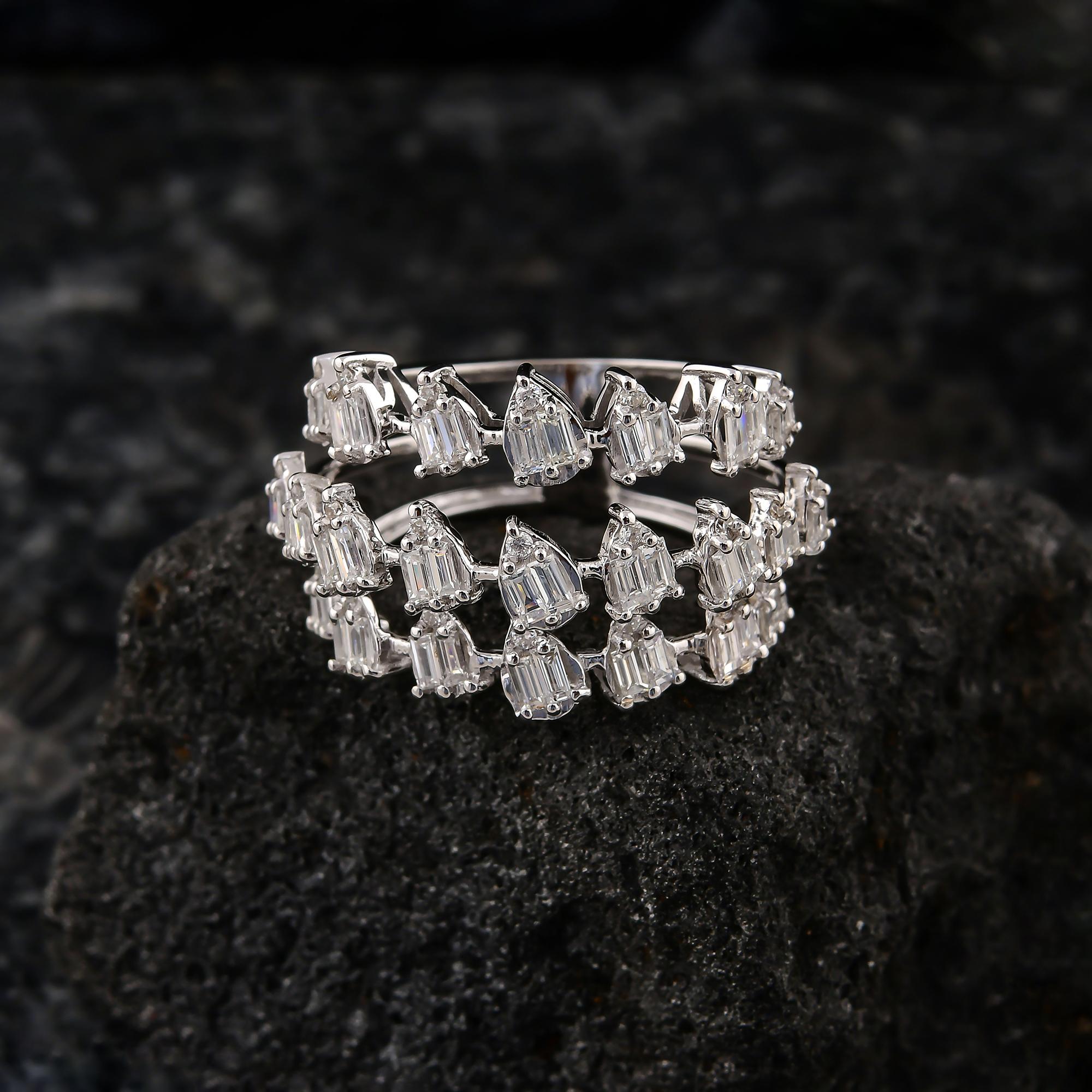 Baguette Cut 1.10 Carat SI Clarity HI Color Diamond Cocktail Ring 18 Karat White Gold Jewelry For Sale