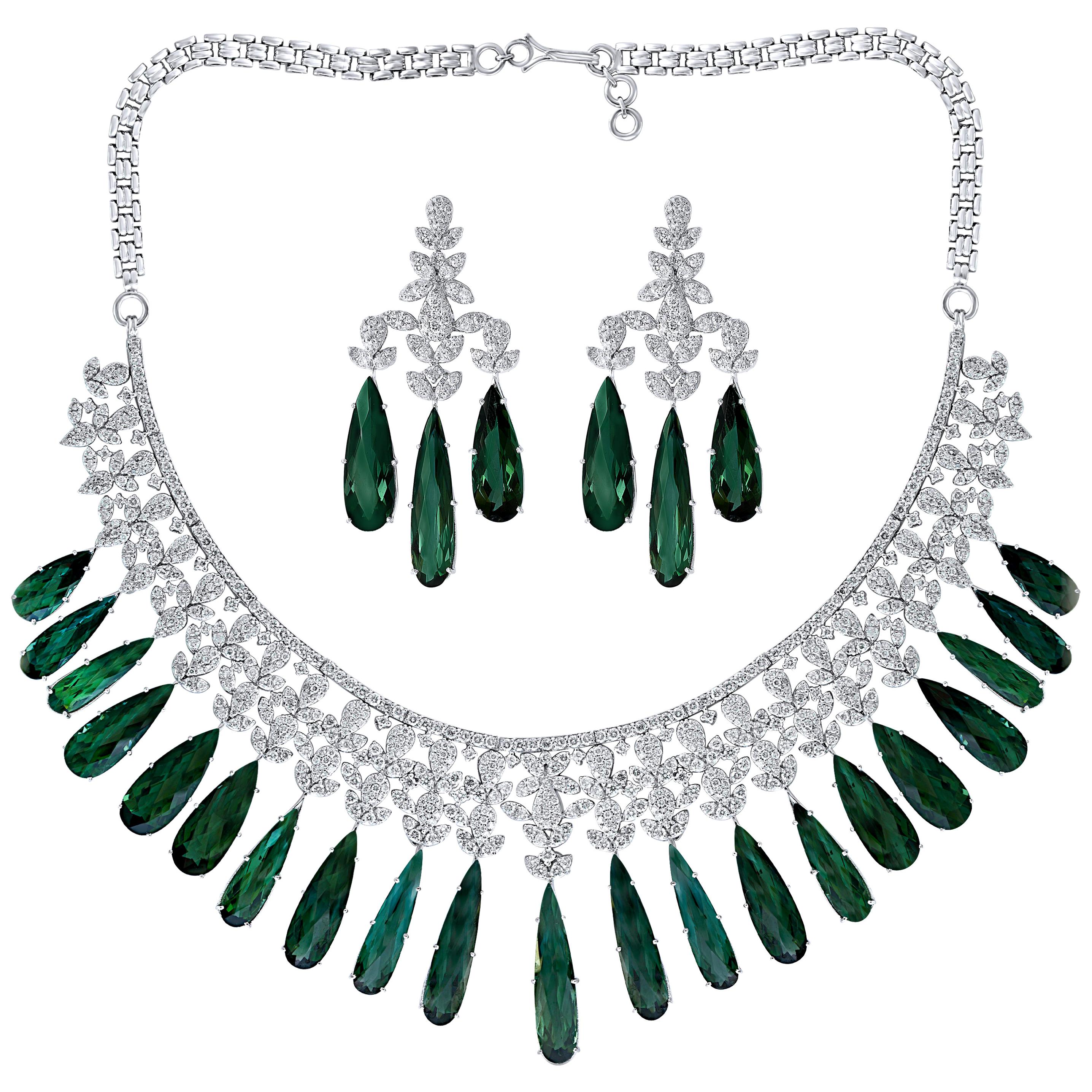 110 Carat Tear Drop Green Tourmaline and 25 Ct Diamond Necklace Suite 18 K Gold For Sale