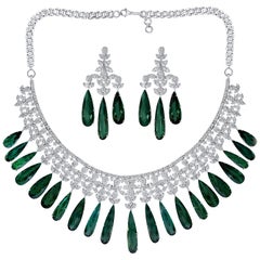 Vintage 110 Carat Tear Drop Green Tourmaline and 25 Ct Diamond Necklace Suite 18 K Gold