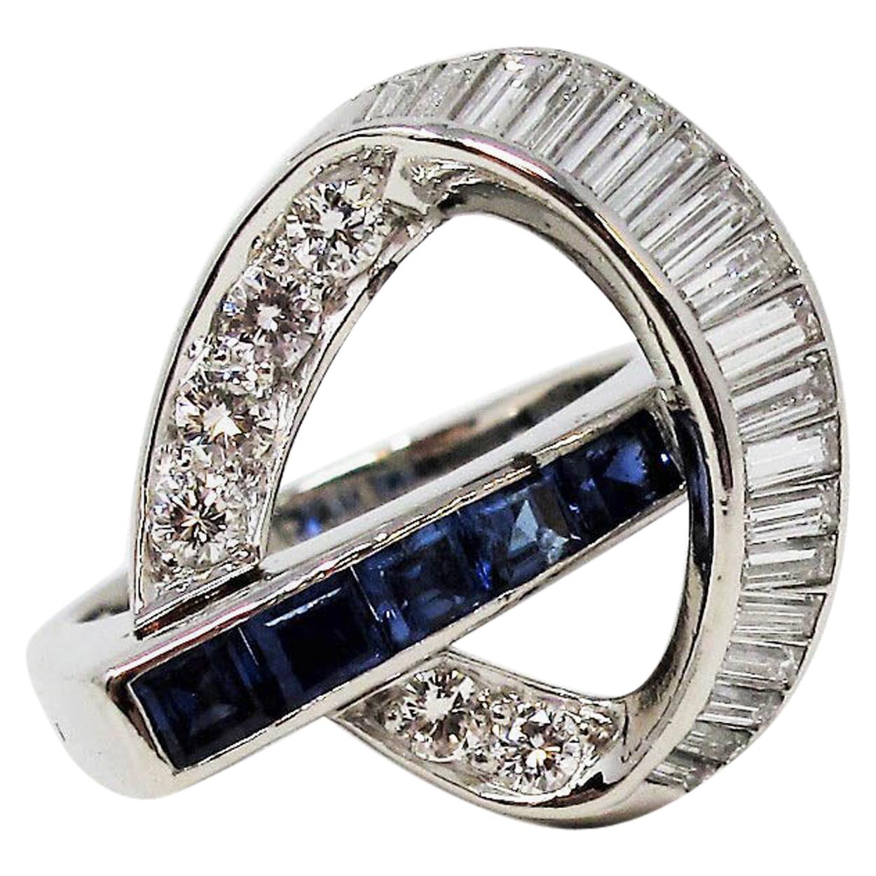 1.10 Carat Total Diamond and Sapphire Swirl Cocktail Ring in Platinum For Sale