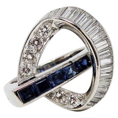Vintage 1.10 Carat Total Diamond and Sapphire Swirl Cocktail Ring in Platinum