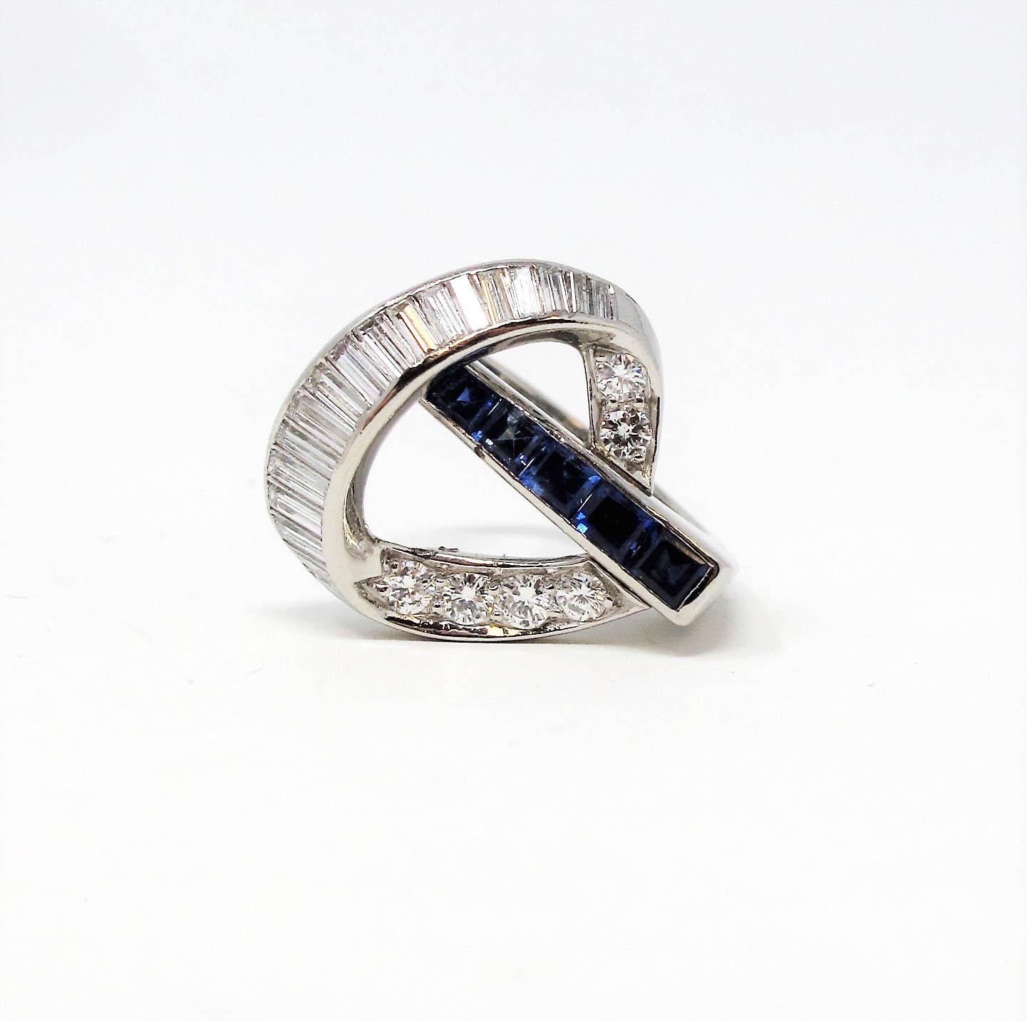 Princess Cut 1.10 Carat Total Diamond and Sapphire Swirl Cocktail Ring in Platinum For Sale