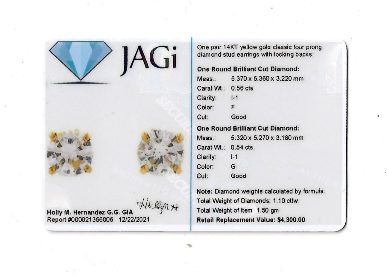 1.10 Carat Total Round Brilliant Solitaire Diamond Stud Earrings in Yellow Gold 8