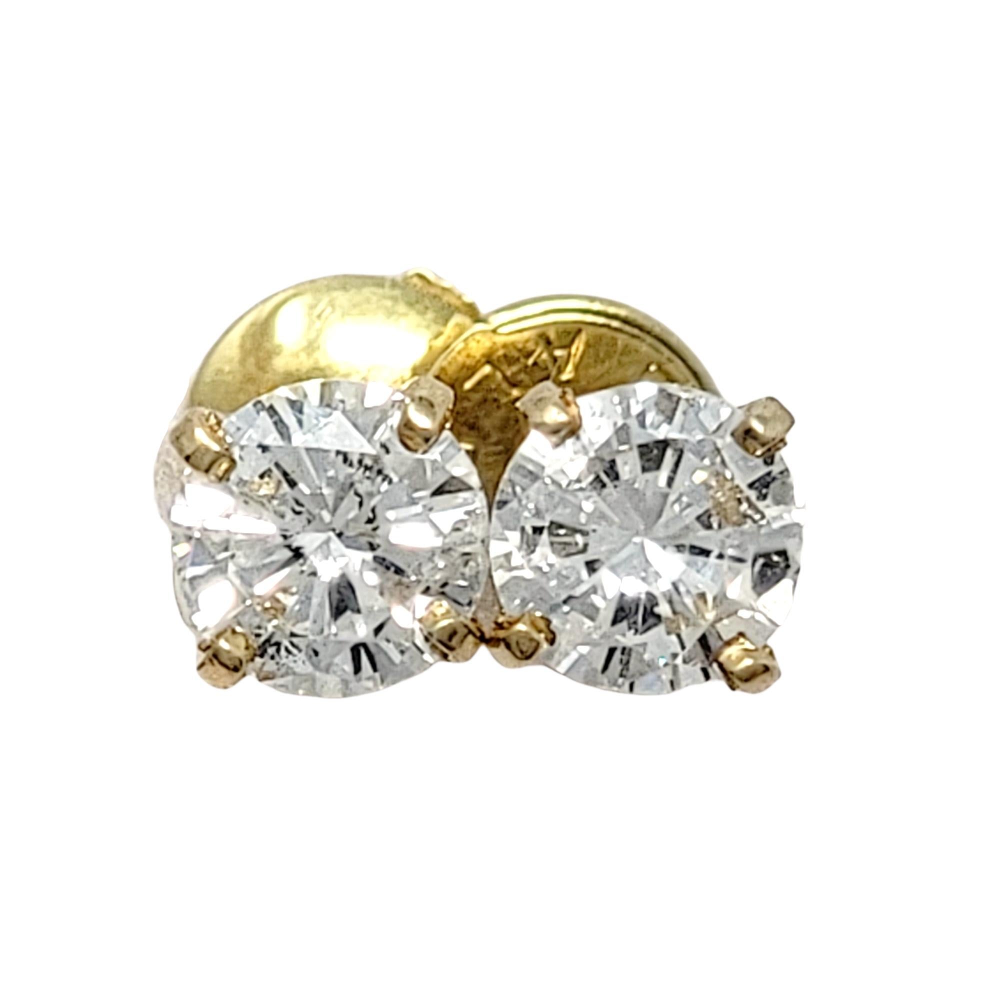 Women's or Men's 1.10 Carat Total Round Brilliant Solitaire Diamond Stud Earrings in Yellow Gold