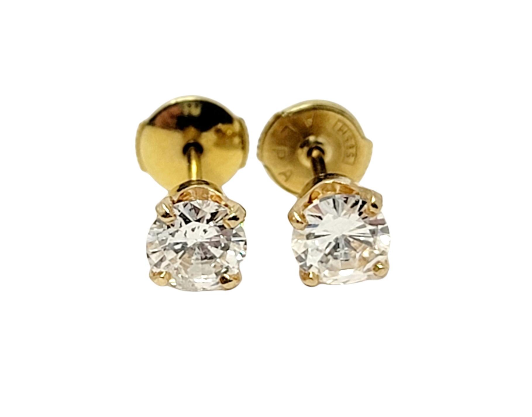1.10 Carat Total Round Brilliant Solitaire Diamond Stud Earrings in Yellow Gold 3