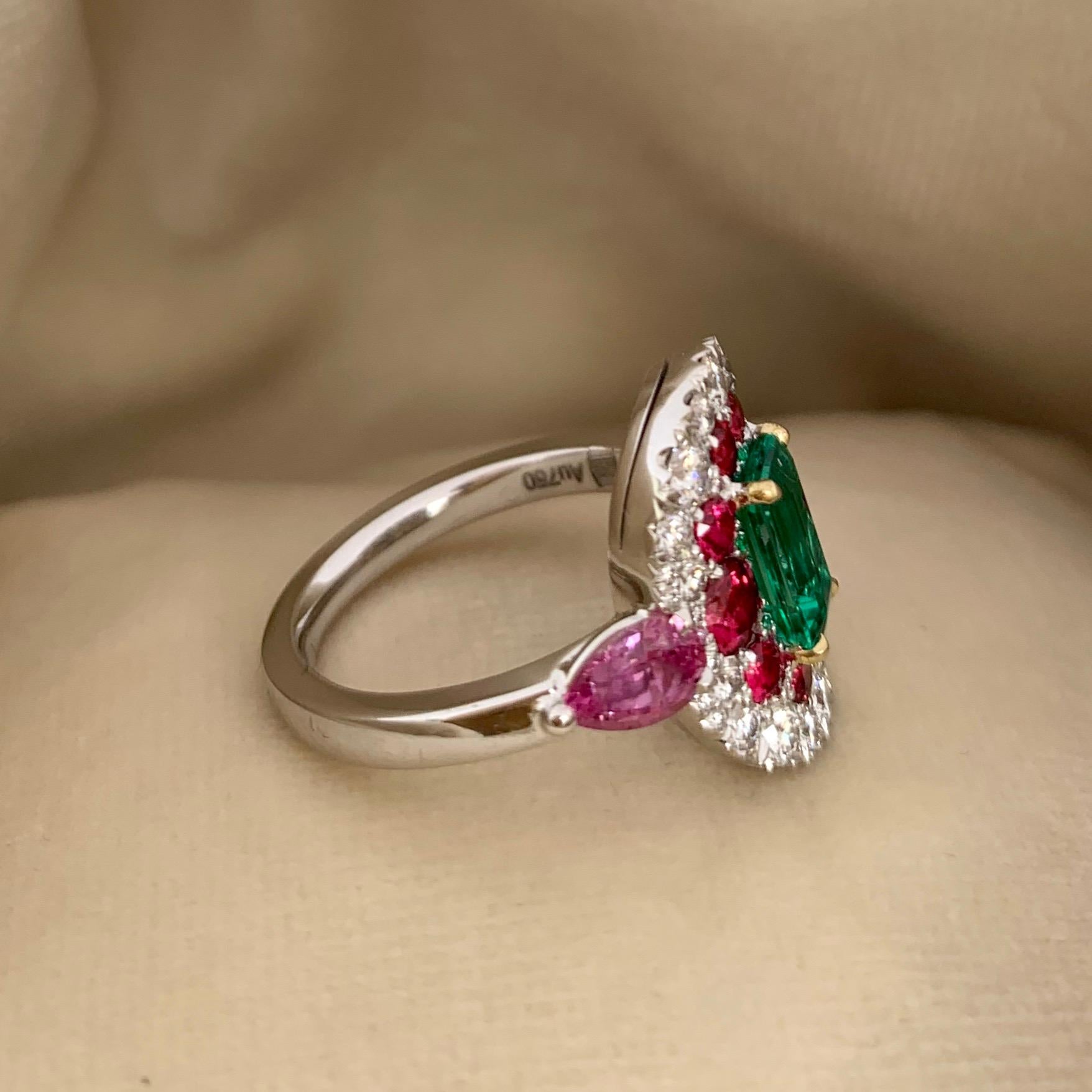 Emerald Cut 1.10 Carat Emerald, Red Spinel and Pink Sapphire Ring For Sale
