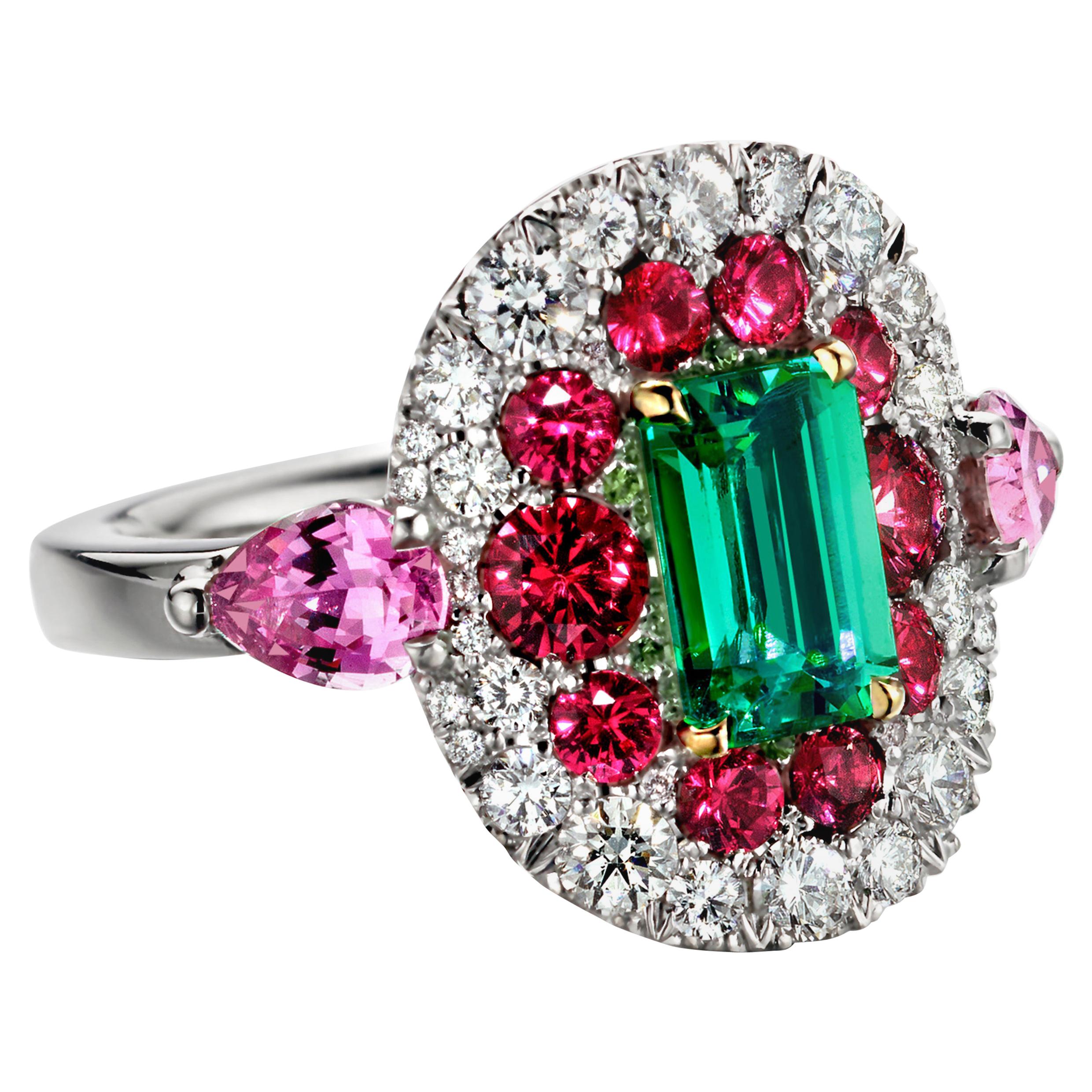 1.10 Carat Emerald, Red Spinel and Pink Sapphire Ring For Sale