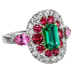 1.10 Carat Unoiled Emerald, Unheated Red Spinel and Pink Sapphire Ring