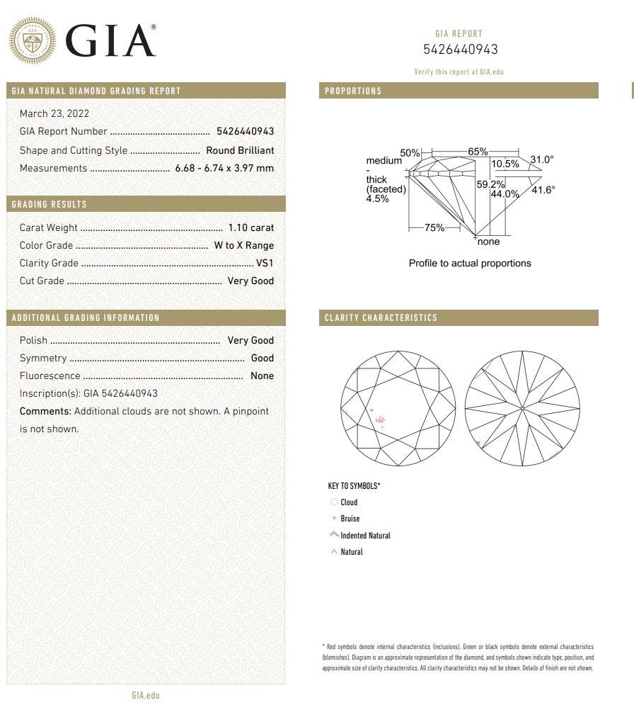 1.10 Carat Round cut diamond VS1 Clarity GIA Certified For Sale 2