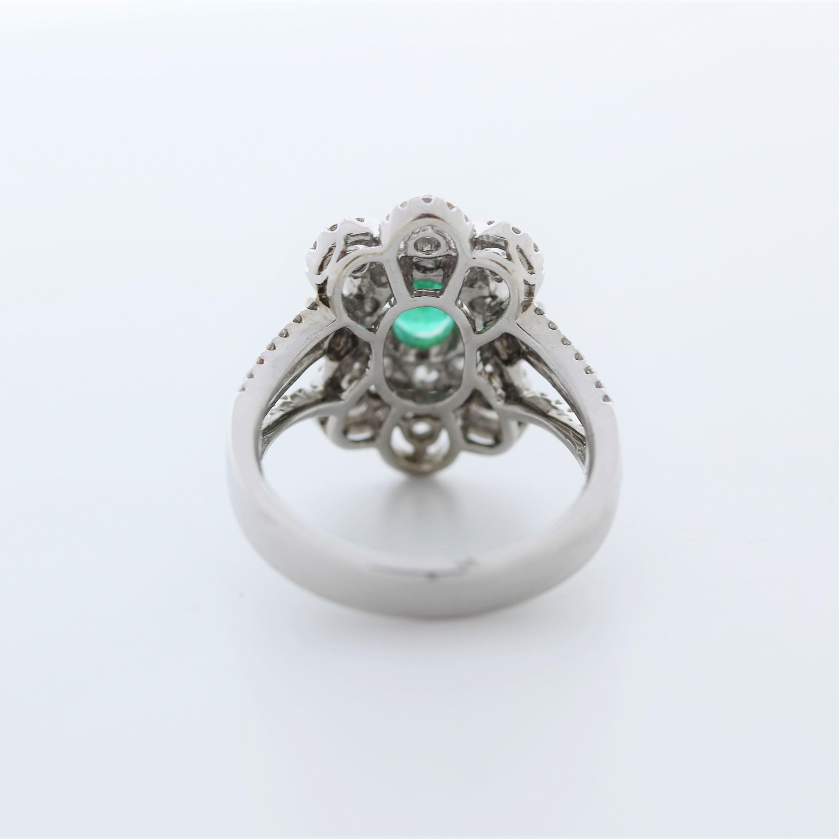 Contemporary 1.10 Carat Weight Emerald Gemstone & Round Fashion Diamond In 14K White Gold For Sale