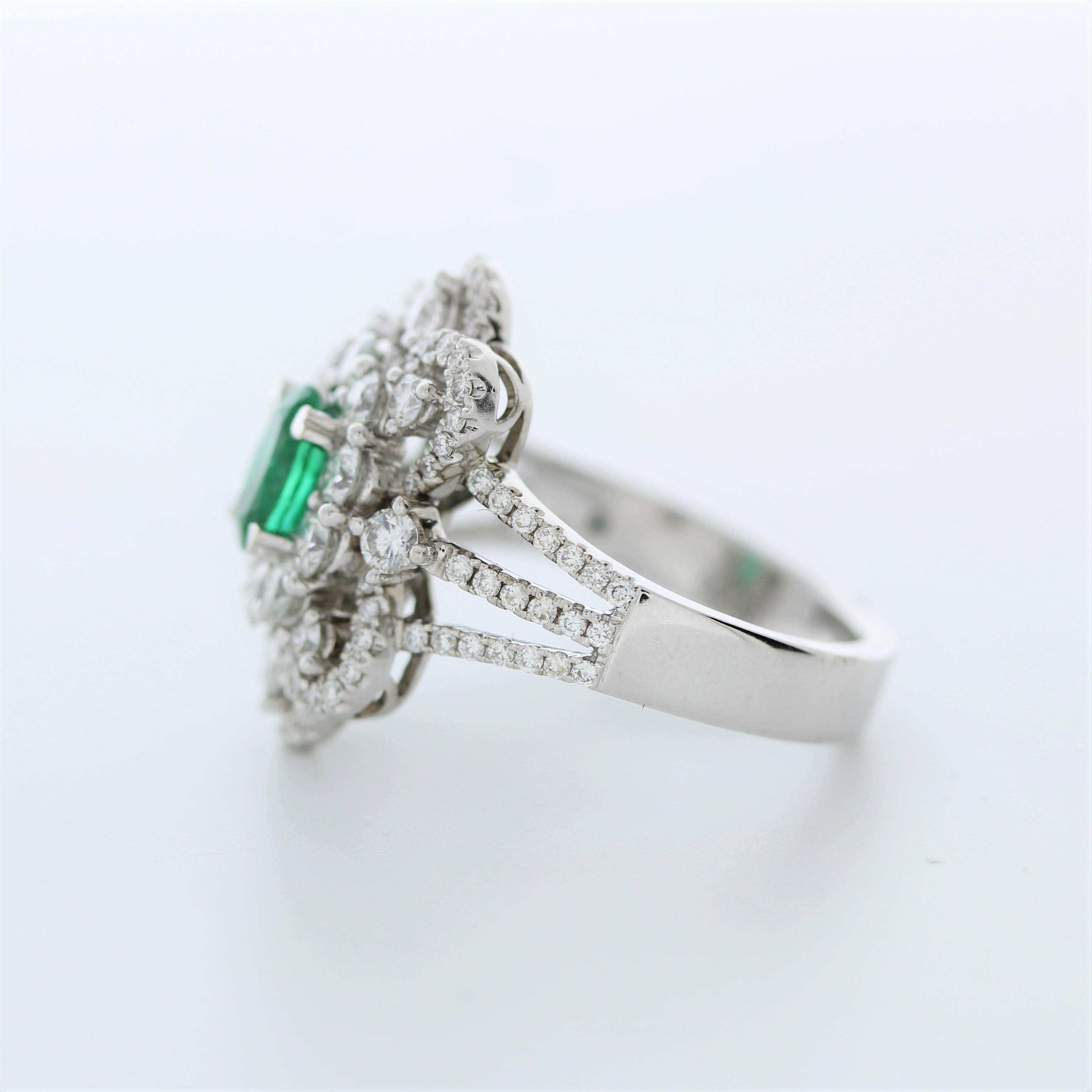 Round Cut 1.10 Carat Weight Emerald Gemstone & Round Fashion Diamond In 14K White Gold For Sale