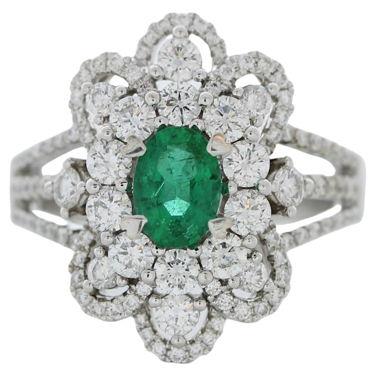 1.10 Carat Weight Emerald Gemstone & Round Fashion Diamond In 14K White Gold For Sale