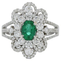 1.10 Carat Weight Emerald Gemstone & Round Fashion Diamond In 14K White Gold