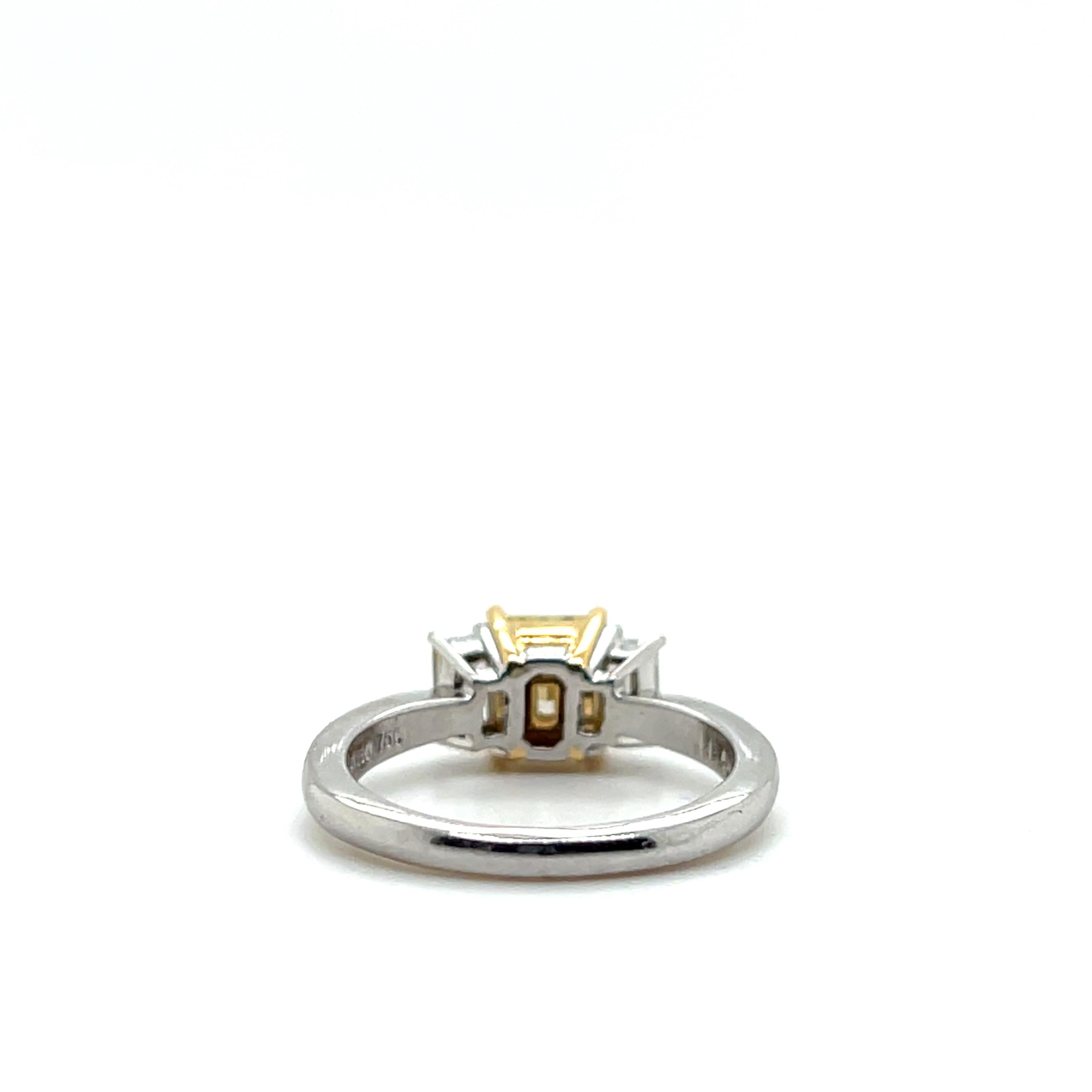 1.10 Carat Yellow Diamond Three Stone Platinum & Yellow Gold Engagement Ring 4